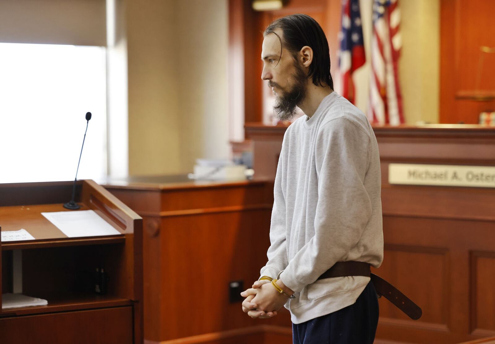 Austin Combs, charged with aggravated murder in the shooting death of his Morgan Twp. neighbor, was in Butler County Common Pleas Court Thursday for a hearing. NICK GRAHAM/STAFF