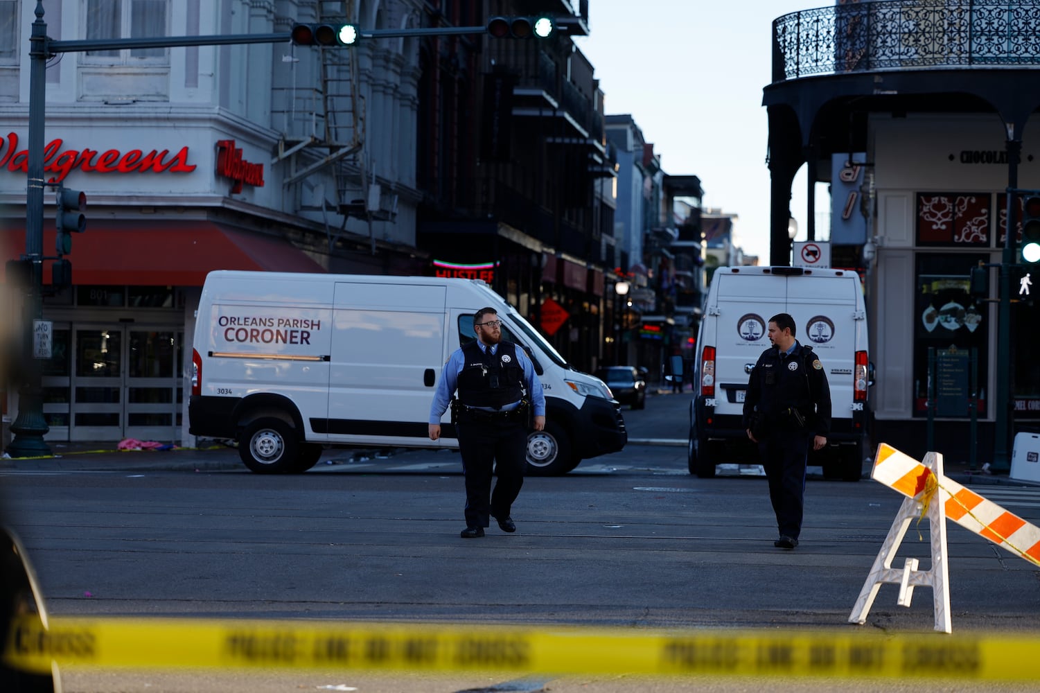 Emergency personnel at the scene, hours after a man drove a pickup truck into people in the French Quarter of New Orleans, on Wednesday, Jan. 1, 2025. (Edmund D. Fountain/The New York Times)