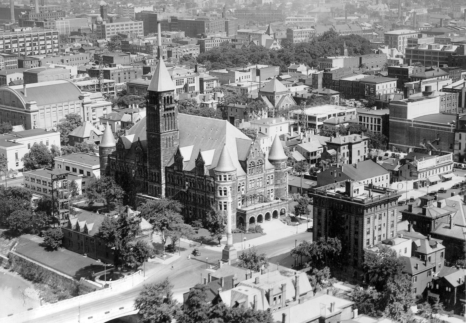 An aerial view of downtown Dayton. Steele High School, demolished in 1955, is the centerpiece of the photograph. DAYTON METRO LIBRARY