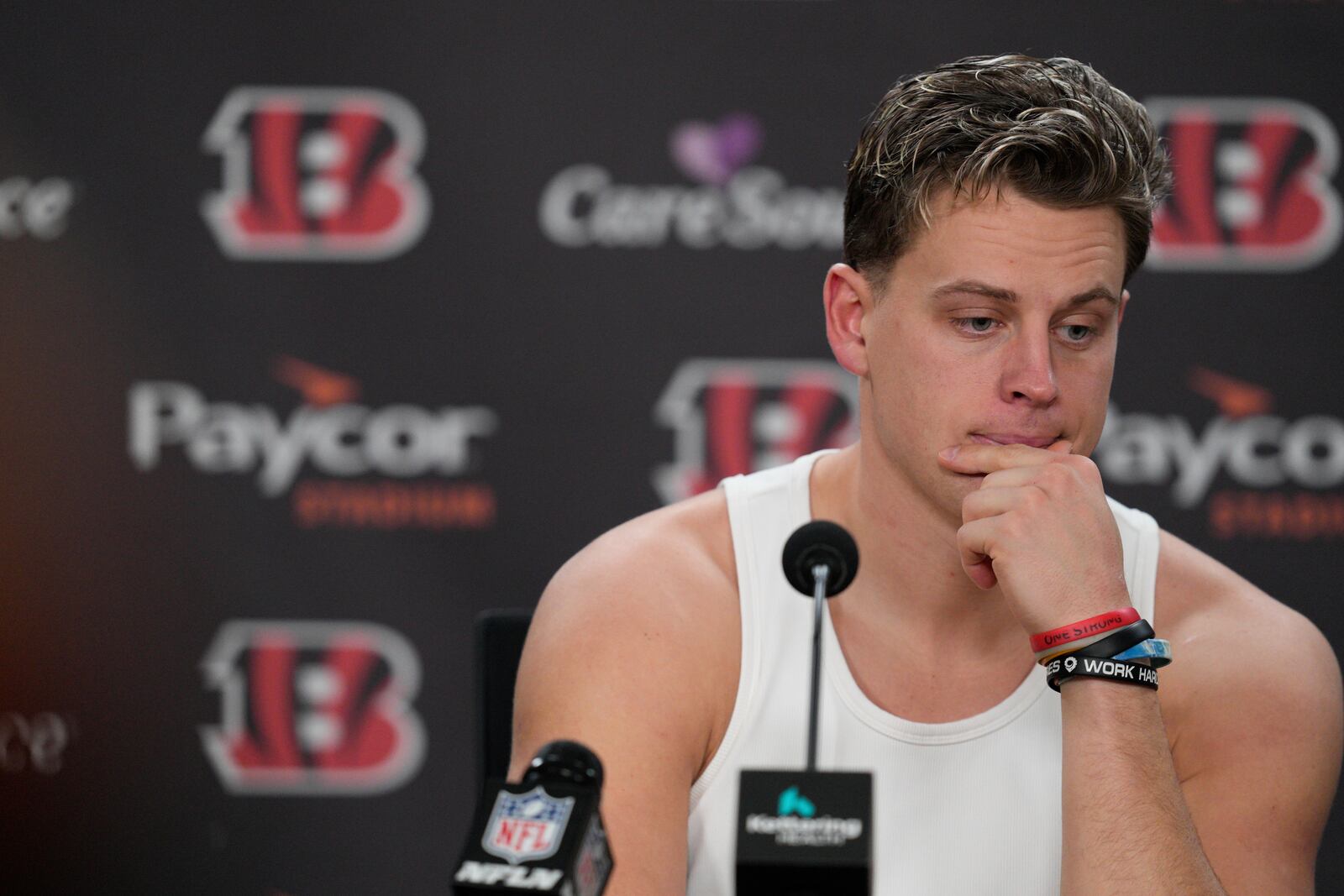 Cincinnati Bengals quarterback Joe Burrow (9) speaks during a news conference after an NFL football game against the Cleveland Browns, Sunday, Dec. 22, 2024, in Cincinnati. The Bengals won 24-6. (AP Photo/Jeff Dean)