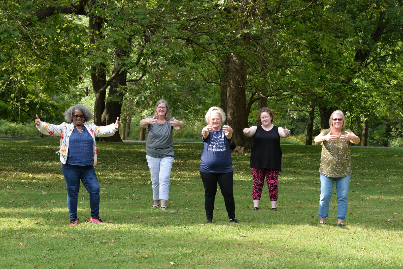 Members of the Noble Circle Project — a support group that serves Miami Valley women from five counties — do outdoor exercises together. Among the participants is Debbie Newton of St. Mary’s (second from left). CONTRIBUTED