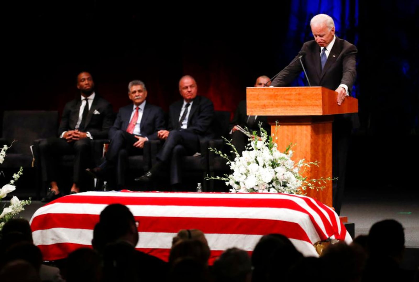 Former Vice President Joe Biden gives a tribute during memorial service at North Phoenix Baptist Church for Sen. John McCain, R-Ariz., on Thursday, Aug. 30, 2018, in Phoenix. McCain will be buried at the United States Naval Academy in Annapolis, Maryland. (AP Photo/Jae C. Hong)