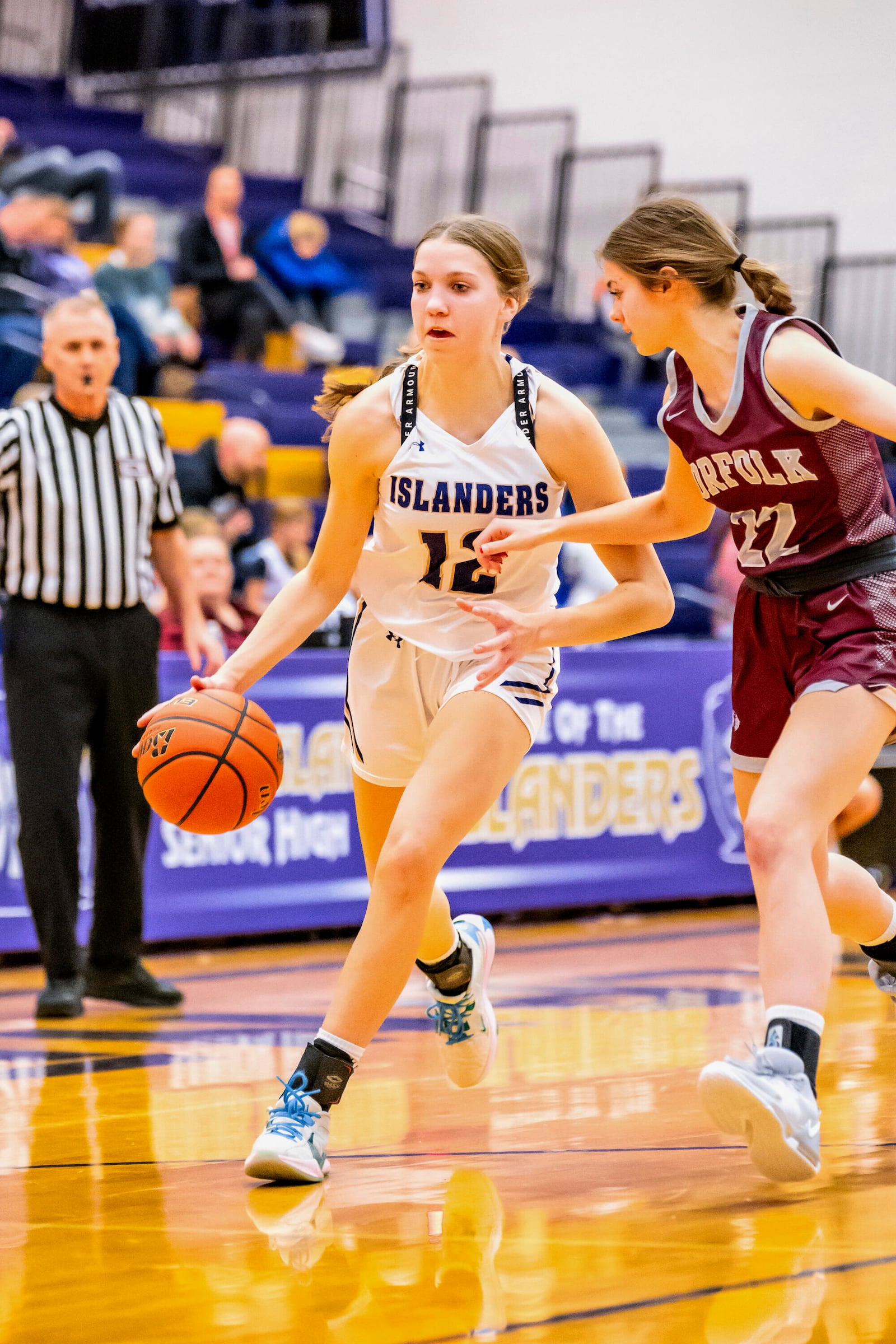 Grand Island High School's Lilly Goodwin dribbles during a girls high school basketball game against Norfolk High School, Jan. 26, 2024 in Grand Island, Neb. (Jimmy Rash/The Independent via AP)