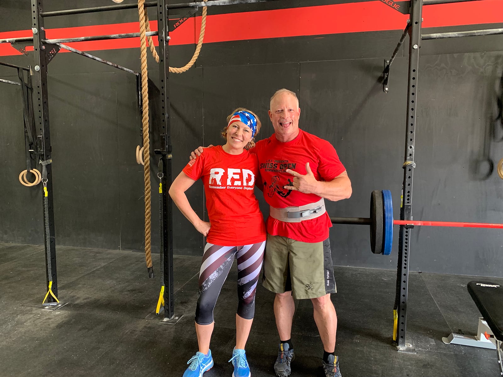 Cheryl Dillin and Alec Ross, who is currently deployed.  Alec is a decorated medic evac specialist.  Each Friday, I wear red and complete a R.E.D. Friday workout.  RED = Remember Everyone Deployed  My RED Friday workouts are some of the most intense and difficult training that I do.  On this day, I ran in to Alec at the gym.  He did the workout with me and agreed that I'm giving it my all for the soldiers that are deployed and thanked me for thinking of them and honoring them in this way each Friday. CONTRIBUTED PHOTO