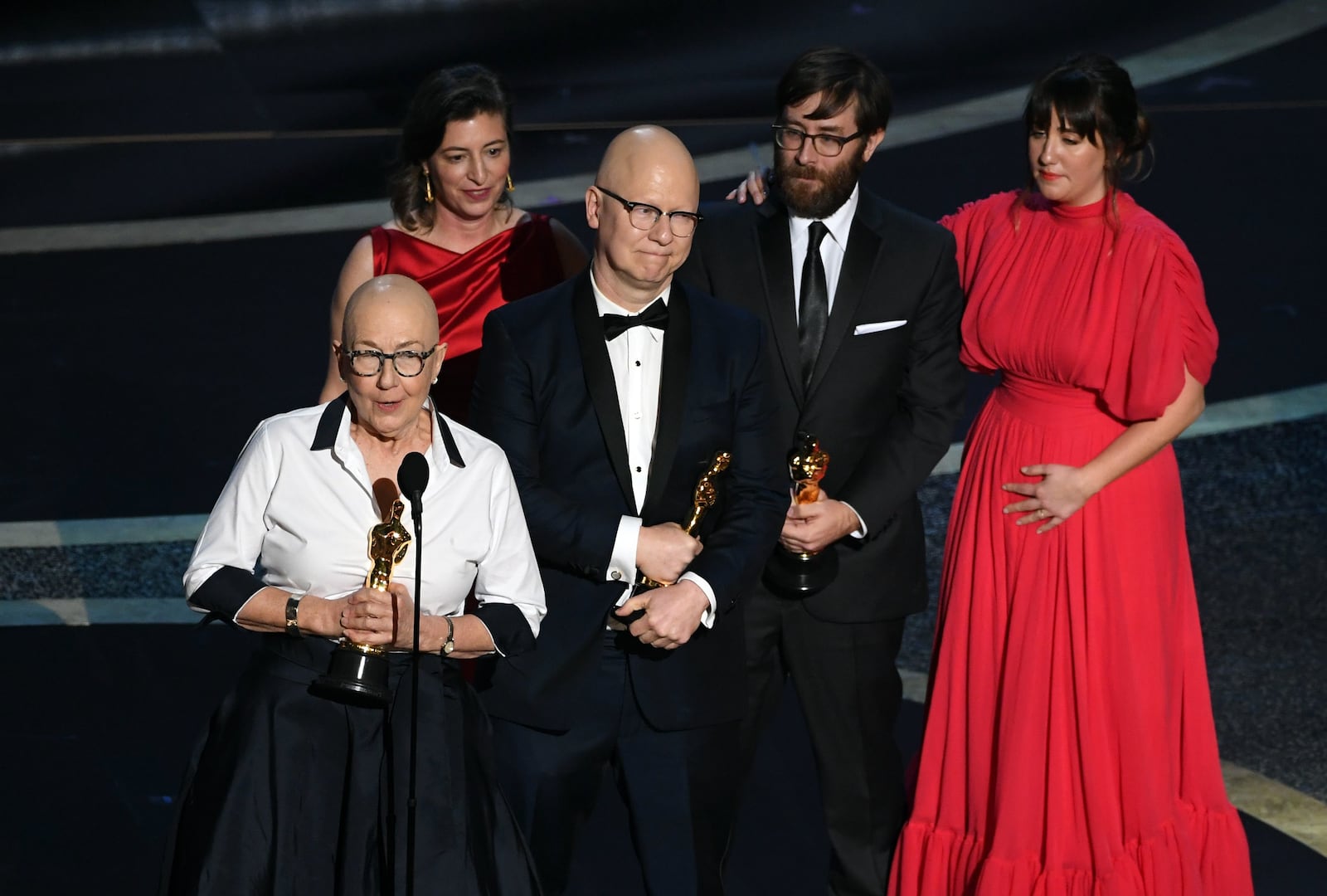 HOLLYWOOD, CALIFORNIA - FEBRUARY 09: (L-R) Julia Reichert, Lindsay Utz, Steven Bognar, Jeff Reichert and Julie Parker Benello accept the Documentary - Feature - award for 'American Factory' onstage during the 92nd Annual Academy Awards at Dolby Theatre on February 09, 2020 in Hollywood, California. (Photo by Kevin Winter/Getty Images)