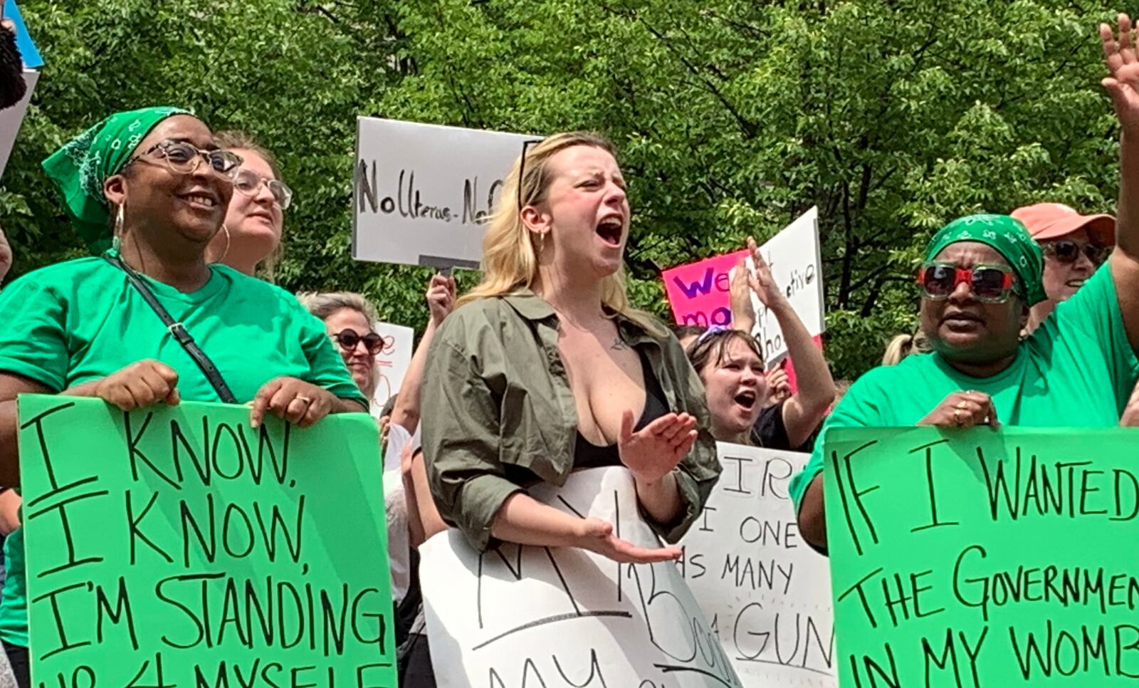 Protestors chant "Pro-life is a lie, you don't care if women die," at a pro-abortion rally in Dayton Saturday. LONDON BISHOP/STAFF