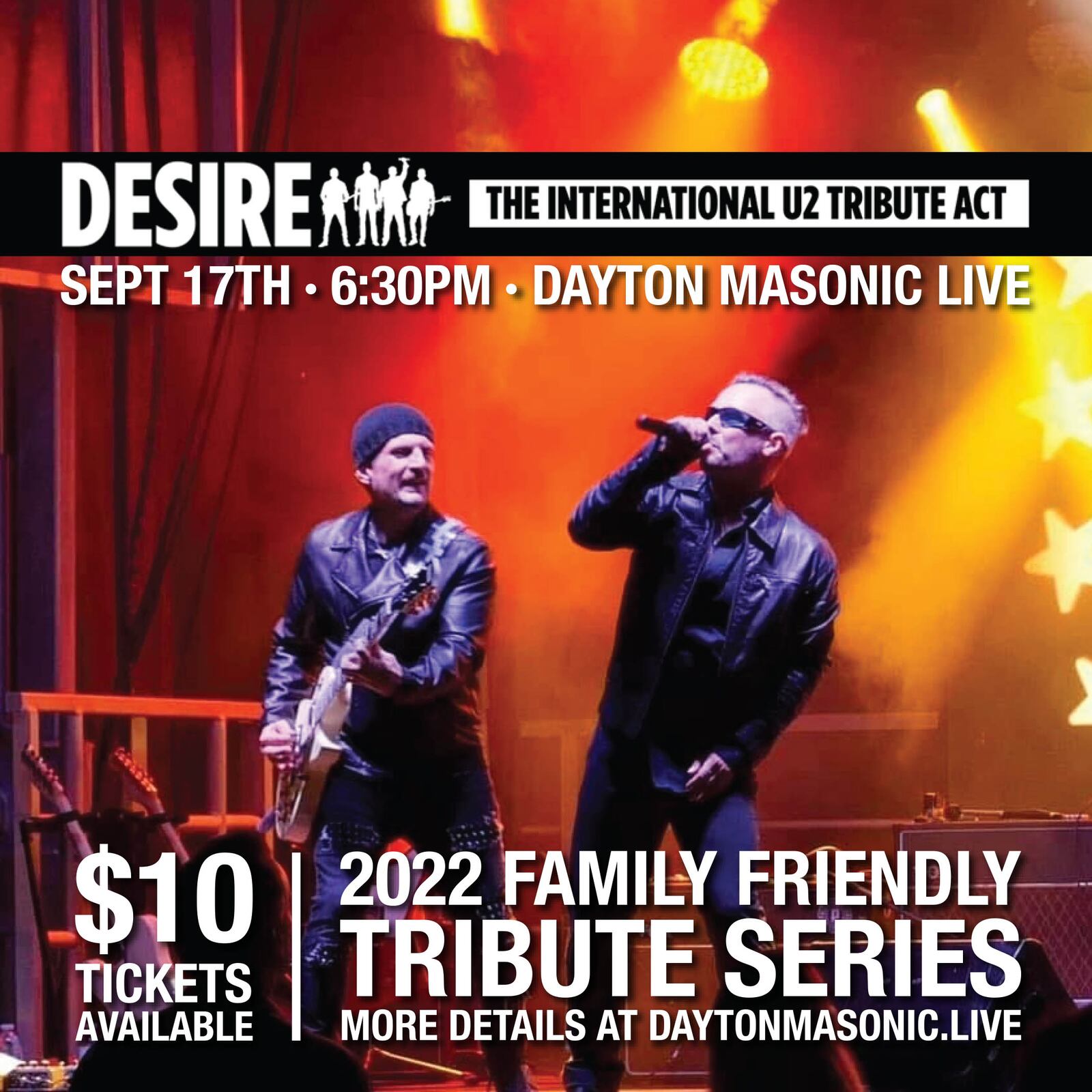 ABBAmania on Friday, Sept. 16 and Desire: The International U2 Tribute Act (pictured) on Saturday, Sept. 17 are the first of planned tribute concerts in a new family-friendly tribute series at the Masonic Center in Dayton.