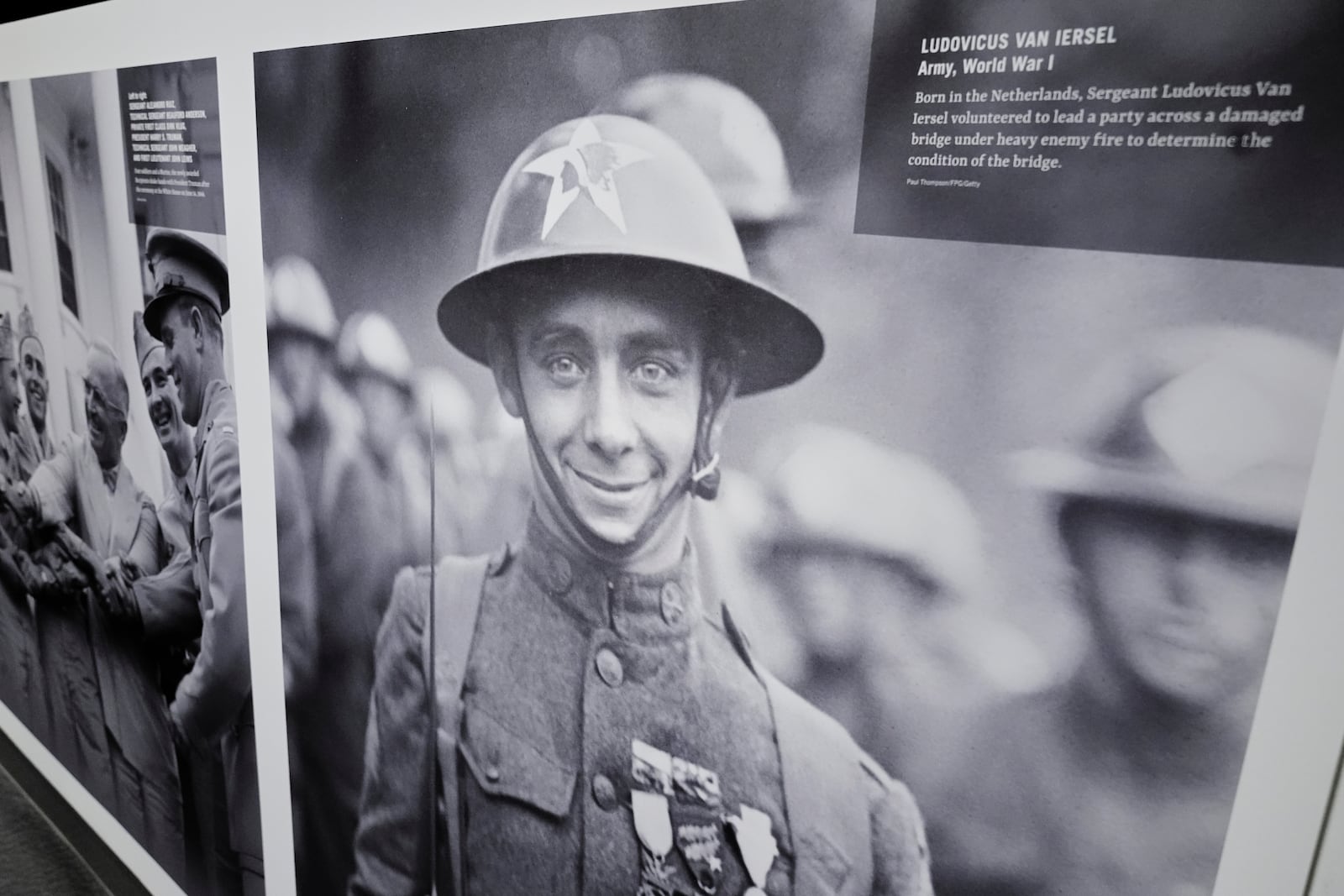 An image of World War I Medal of Honor recipient Ludovicus Van Iersel is on display at the National Medal of Honor Museum in Arlington, Texas, Thursday, March 13, 2025. (AP Photo/Tony Gutierrez)