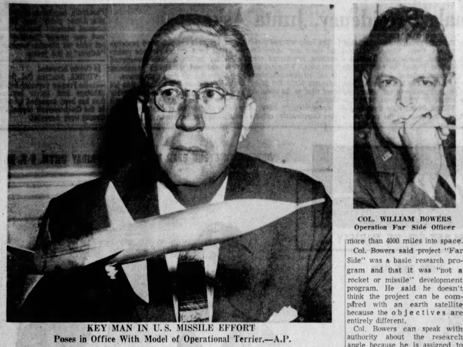 William Holaday, of New Vienna, who was special assistant to the secretary of defense for guided missiles, left, and Col. William H. Bowers, a graduate of Steele high school, who was executive officer of the Air Force office of scientific research. DAYTON DAILY NEWS ARCHIVES