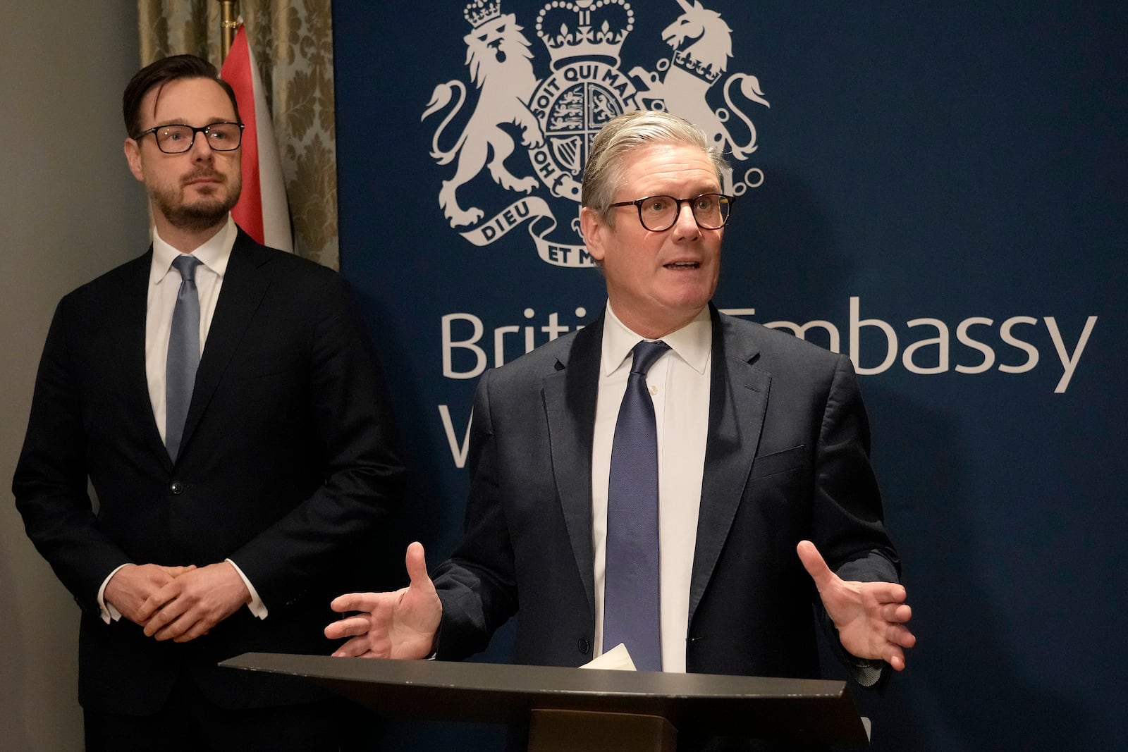 Britain's Prime Minister Keir Starmer speaks besides Jakub Jaworowski, left, Polish Minister of State Assets, as he attends a business reception at the British Embassy in Warsaw, Friday, Jan. 17, 2025. (AP Photo/Czarek Sokolowski, Pool)