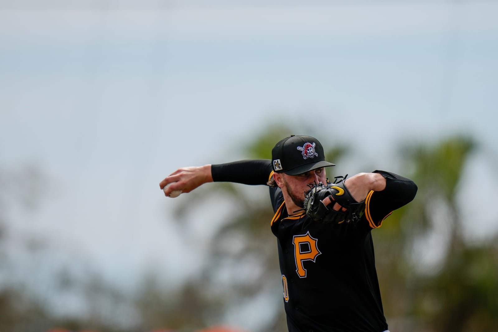 Pittsburgh Pirates starting pitcher Paul Skenes delivers during the third inning of a spring training baseball game against the Baltimore Orioles, Saturday, March 1, 2025, in Sarasota, Fla. (AP Photo/Stephanie Scarbrough)