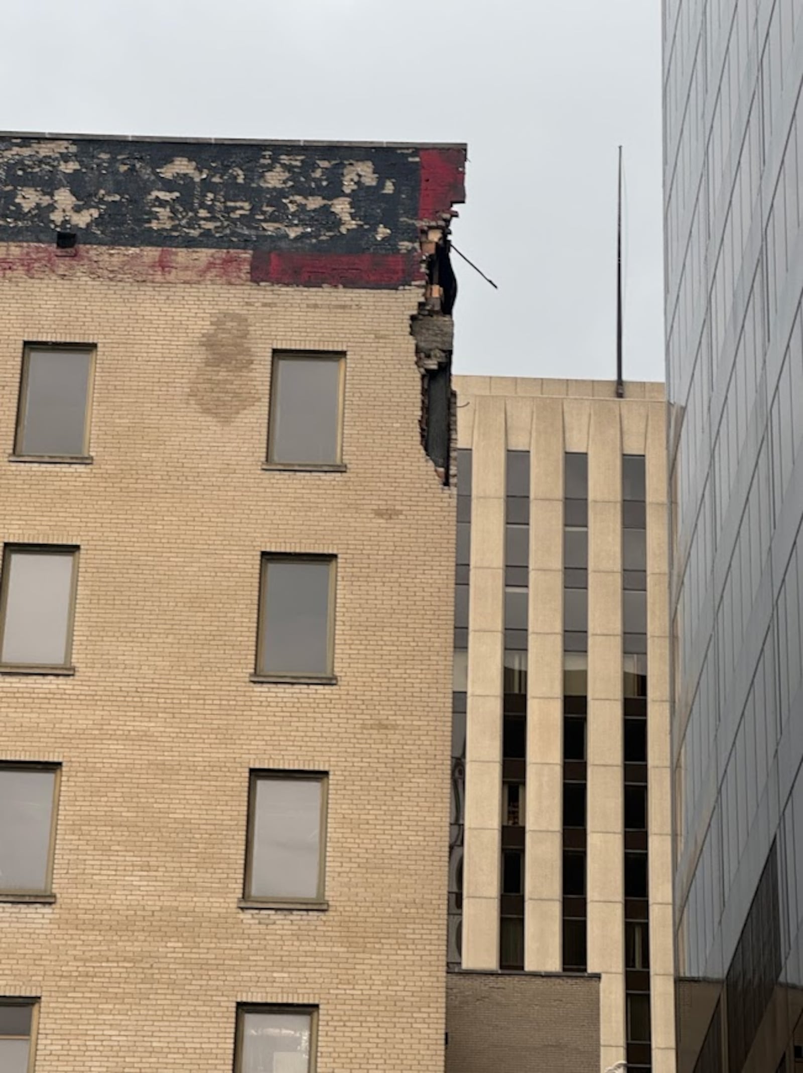 A photo, provided by Stratacache, of damage to a building at 34 N. Main St. during a wind storm on March 15, 2025. Contributed.