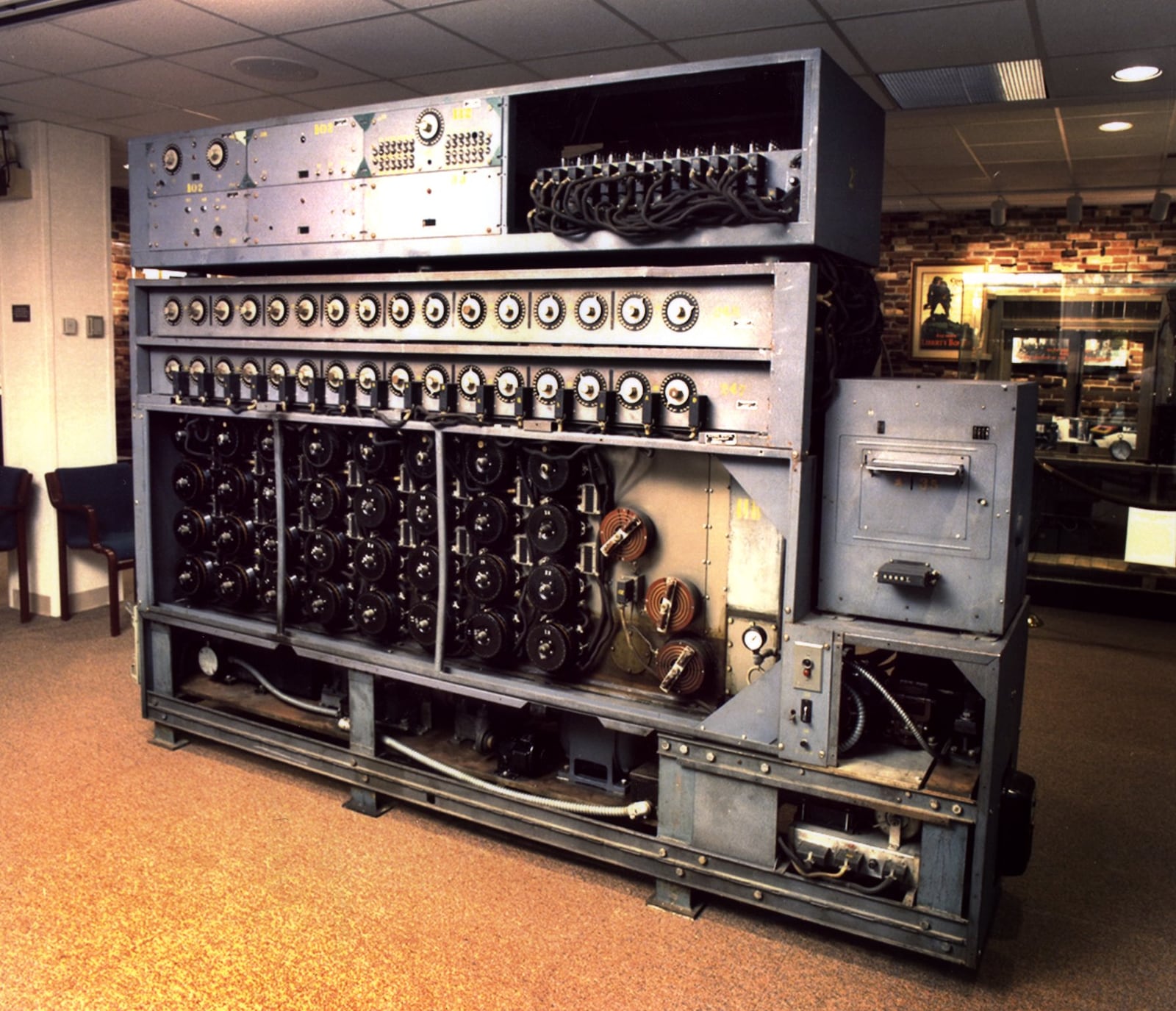 A photo of the Bombe before it was encased in Plexiglass at the the National Cryptologic Museum.  This is the last survivor out of 120 built by National Cash Register during WW II.  (Photo courtesy of The National Security Agency/National Cryptologic Museum)