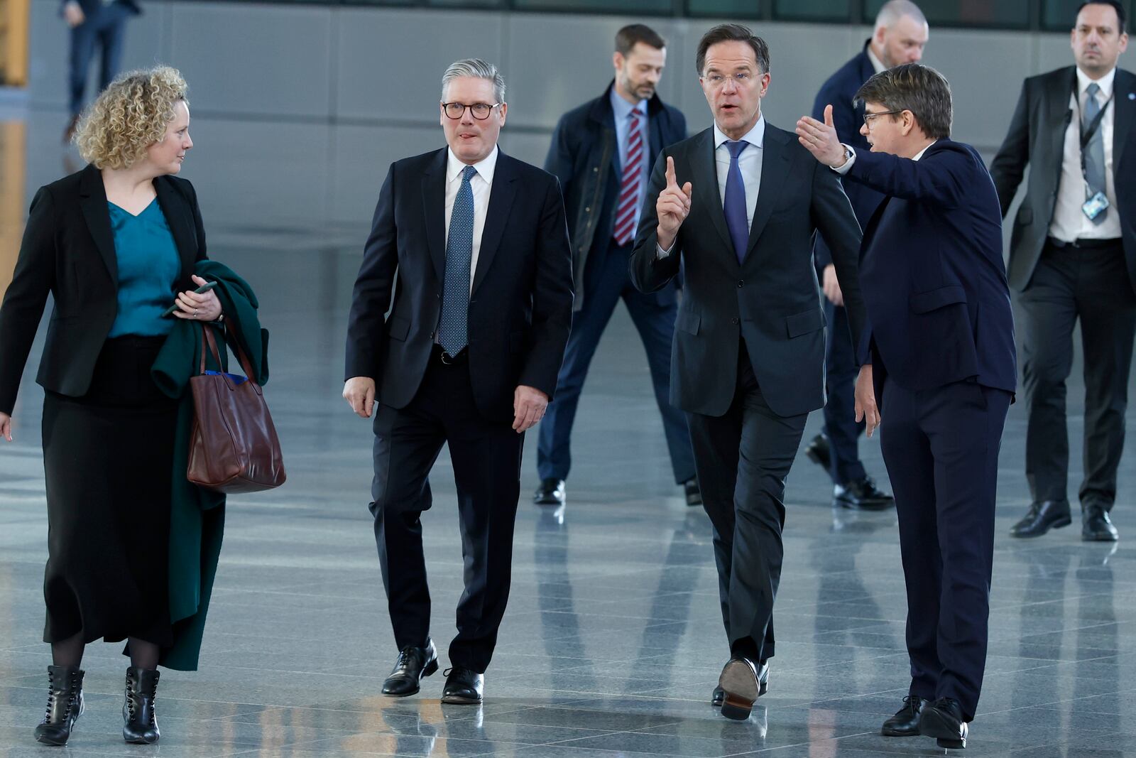 Britain's Prime Minister Keir Stammer, second left, is greeted by NATO Secretary General Mark Rutte prior to a meeting at NATO headquarters in Brussels, Monday, Feb. 3, 2025. (AP Photo/Omar Havana, Pool)