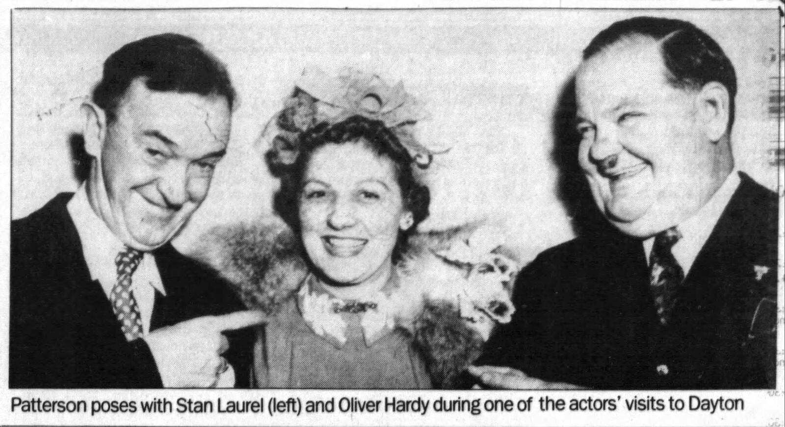 Virginia Patterson poses with Stan Laurel, left, and Oliver Hardy during one of the actors' visits to Dayton. DAYTON DAILY NEWS ARCHIVES