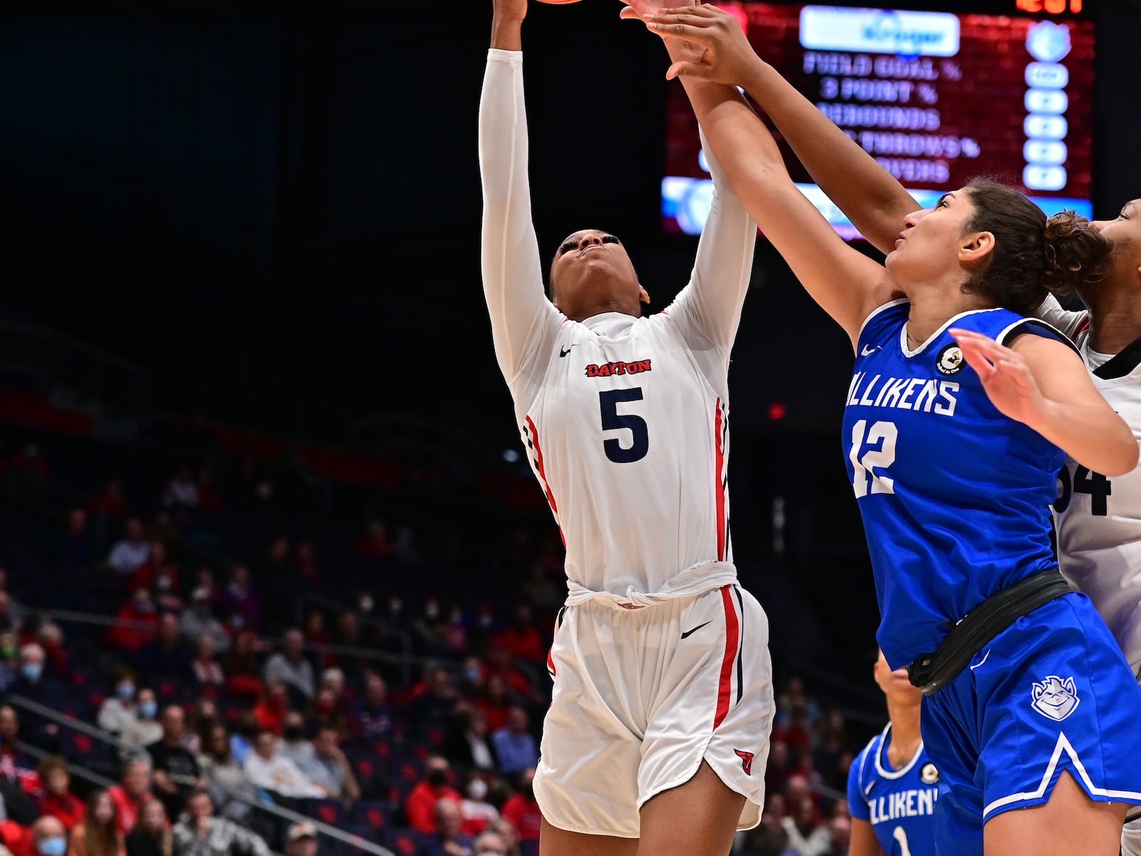 Dayton's Kyla Whitehead scored five points and pulled down 11 rebounds in Sunday's 77-59 win over Saint Louis at UD Arena. Erik Schelun/UD Athletics