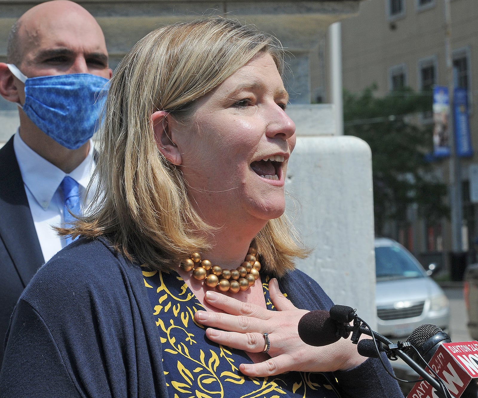 Dayton Mayor, Nan Whaley, ask the community during a press conference at City Hall Wednesday, to hold her accountable to improve to keep the city safe.  MARSHALL GORBY\STAFF