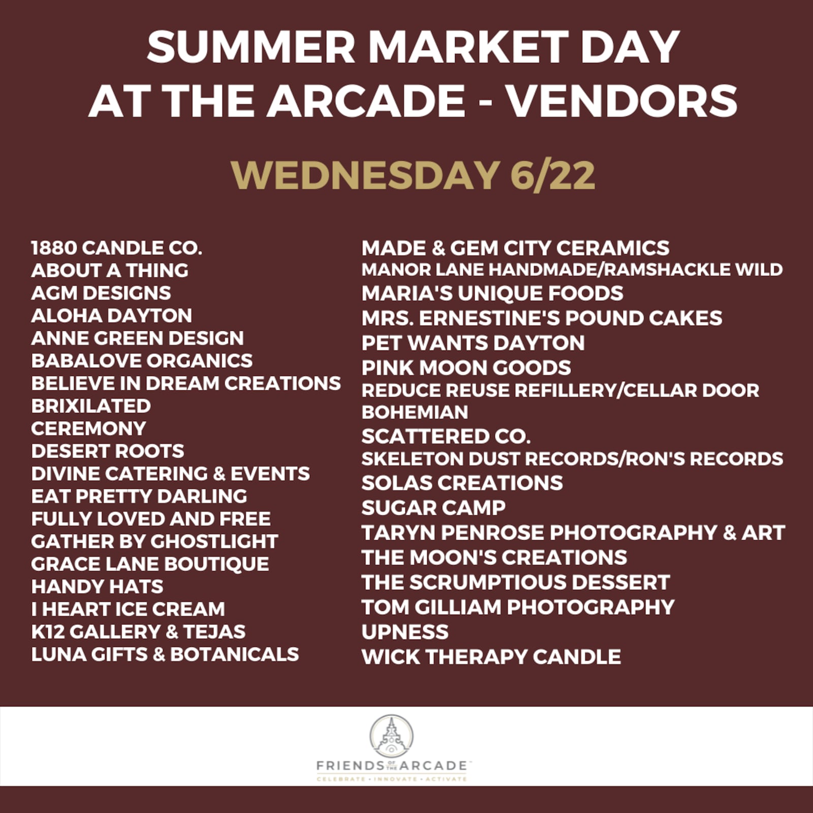 Summer Market Day at the Dayton Arcade's rotunda is Wednesday, June 22 from 3 p.m. to 8 p.m. The event will feature over 35 vendors, live performances curated by Culture Works, food trucks and a bar.