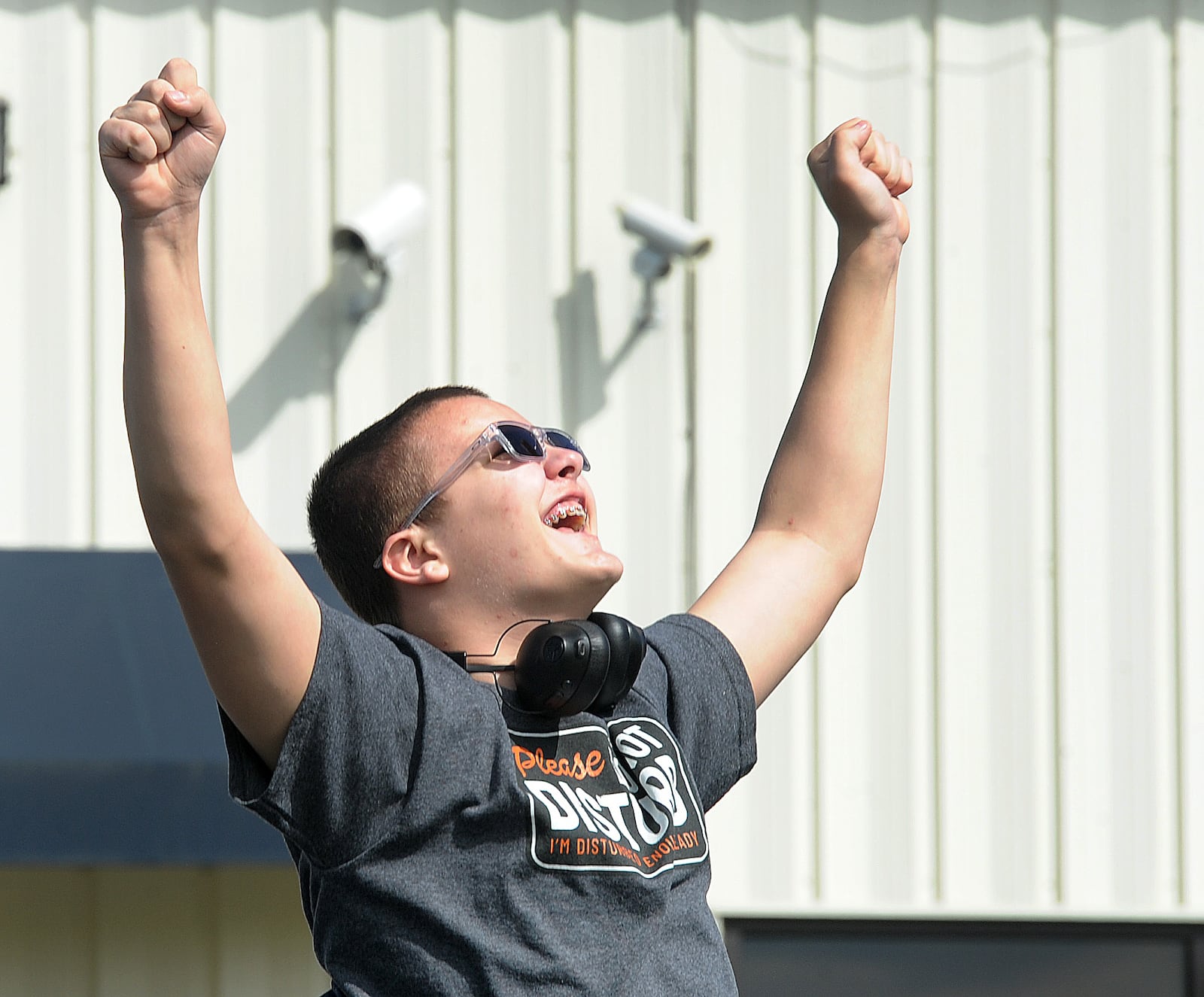 Community STE(A)M Academy Xenia, freshman student Wayne Carlson reacts to seeing his rocket launch into sky Friday, May 10 , 2024. MARSHALL GORBY\STAFF