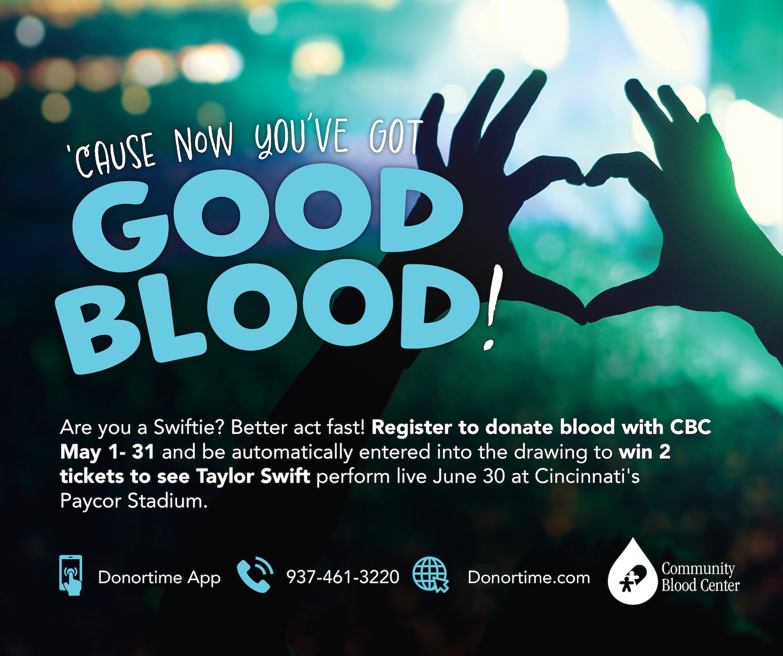 The Community Blood Center in Dayton is giving away a pair of tickets to Taylor Swift's the Eras Tour to a fan who registers to give blood in May. CONTRIBUTED