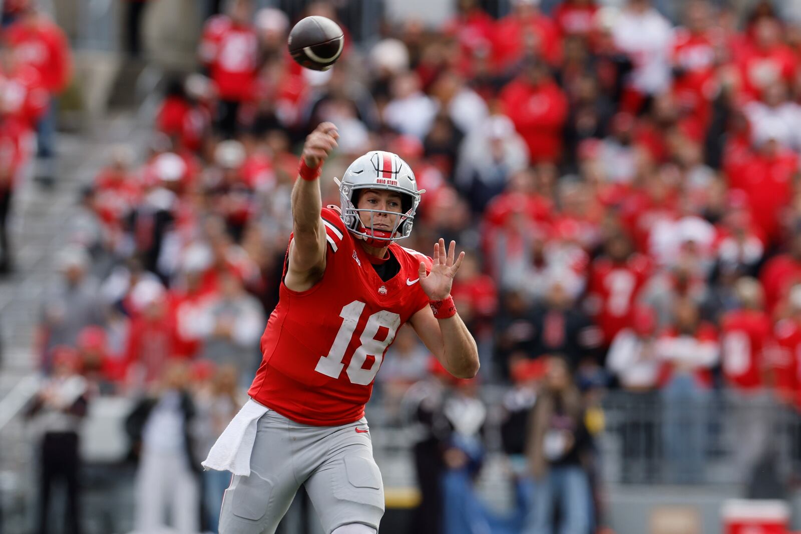 Ohio State quarterback Will Howard throws a pass during the first half of an NCAA college football game against Purdue, Saturday, Nov. 9, 2024, in Columbus, Ohio. (AP Photo/Jay LaPrete)