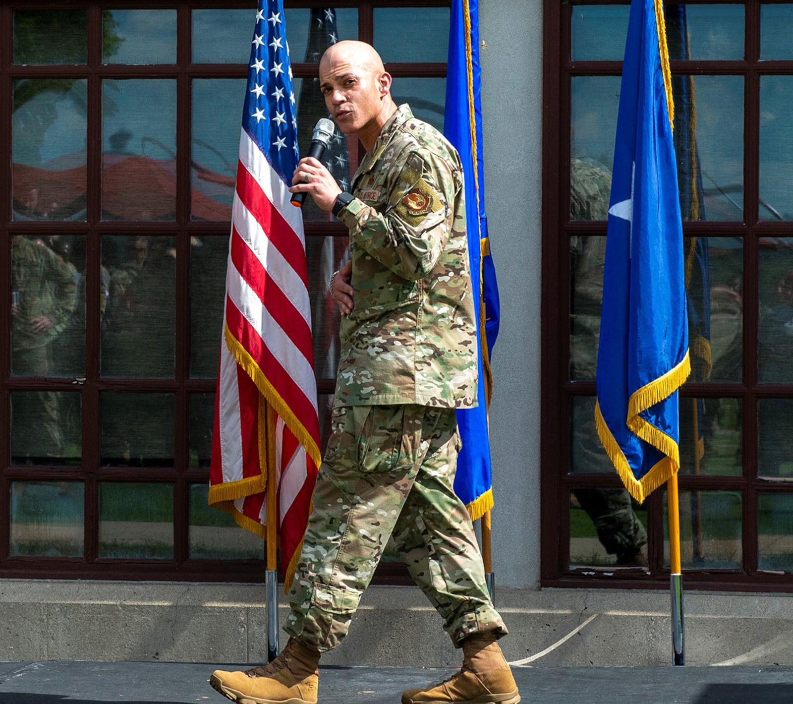 Chief Master Sergeant Lloyd Morales, 88th Air Base Wing command chief, addresses the newly selected staff sergeants outside of the Wright-Patt Club during the Staff Sergeant Release Party, Sept. 2 at Wright-Patterson Air Force Base. Wright-Patt had 69 Senior Airman selected to the rank of staff sergeant. U.S. AIR FORCE PHOTO/SENIOR AIRMAN JACK GARDNER