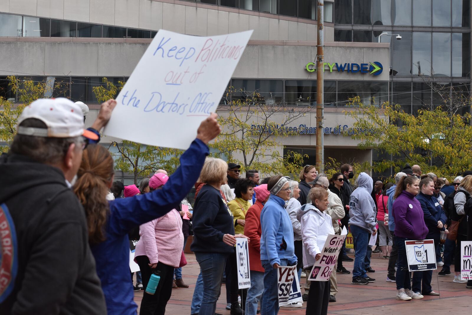 People rallying in support of abortion access on Sunday, Oct. 8, on Courthouse Square in Dayton. SAMANTHA WILDOW\STAFF