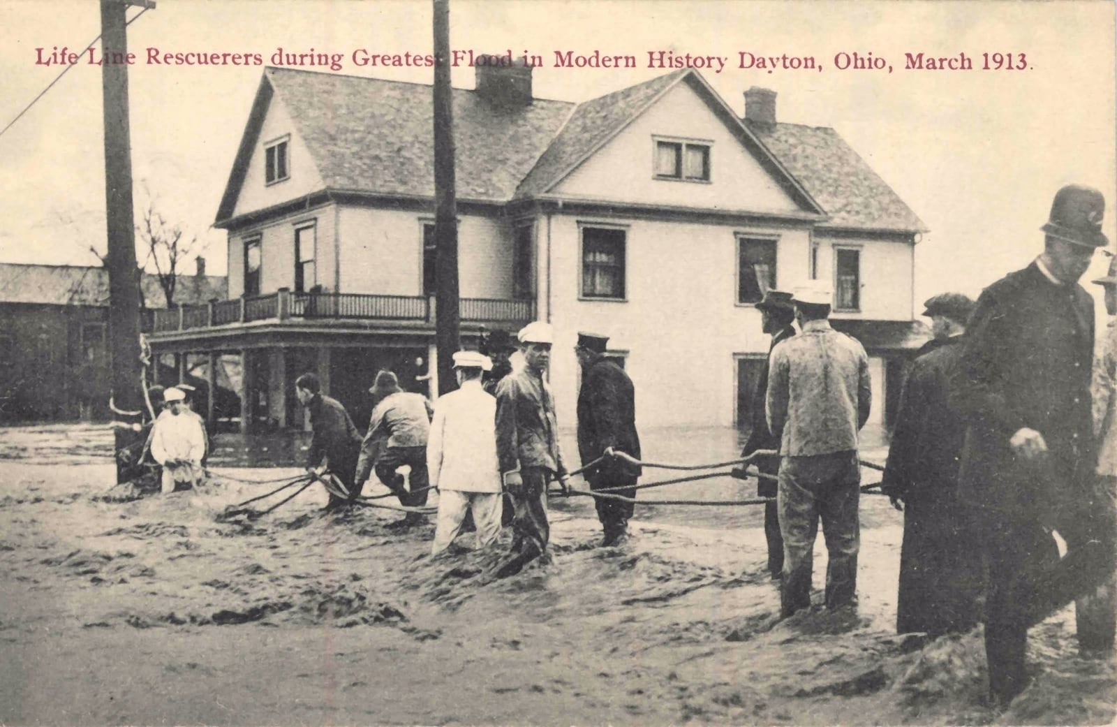 “Life line rescuerers” in printed on the front of this picture postcard of Dayton’s 1913 flood. On the back “Riverdale before the water got very high. It was 22 ft. at this point,” has been hand written. DAYTON METRO LIBRARY