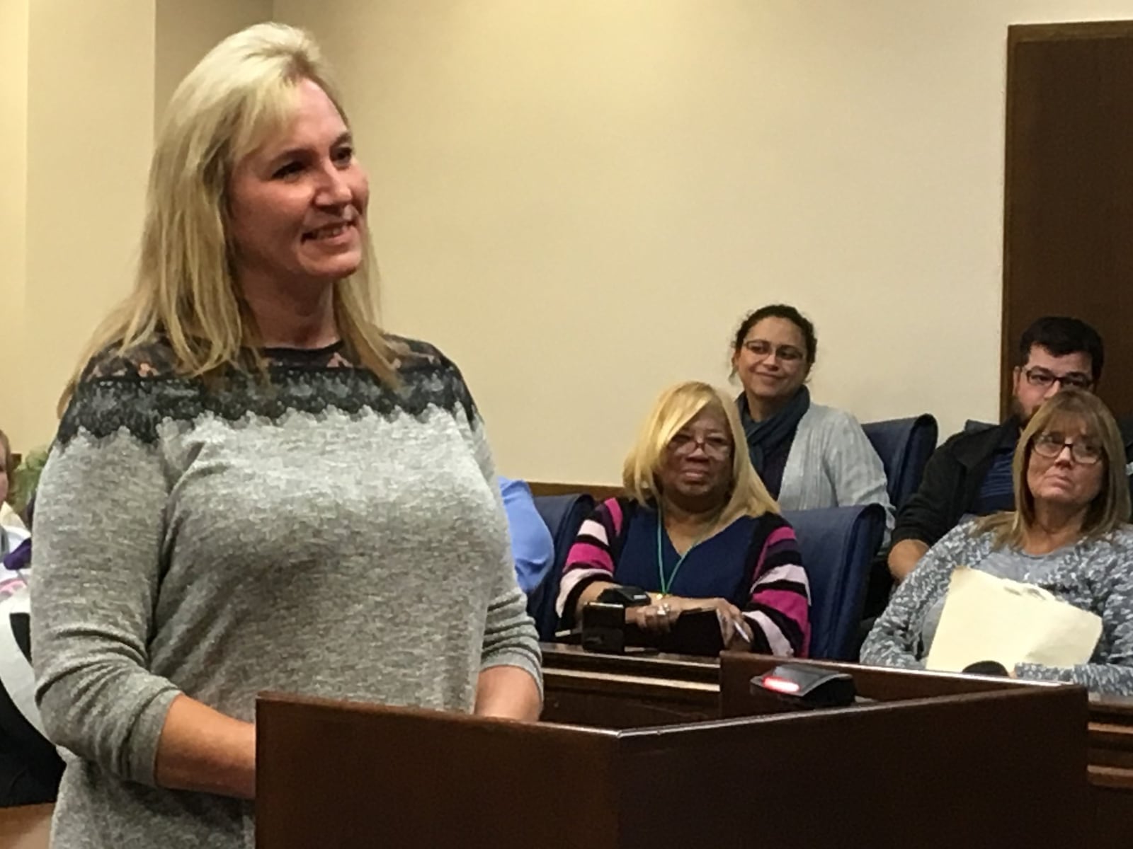 Melissa Rodgers speaks to Judge Mary Wiseman during her graduation from Montgomery County’s Women’s Therapeutic Court in October, 2018. KATIE WEDELL/STAFF