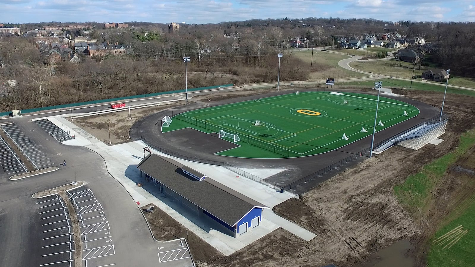 The track at Oakwood's Lane Stadium is open to the public during the day and restrooms are accessible on the north side of the concessions building.  For the first time in school history, Oakwood High School will now have a dedicated sports facility to accommodate soccer, field hockey, boys and girls lacrosse and track.   TY GREENLEES / STAFF