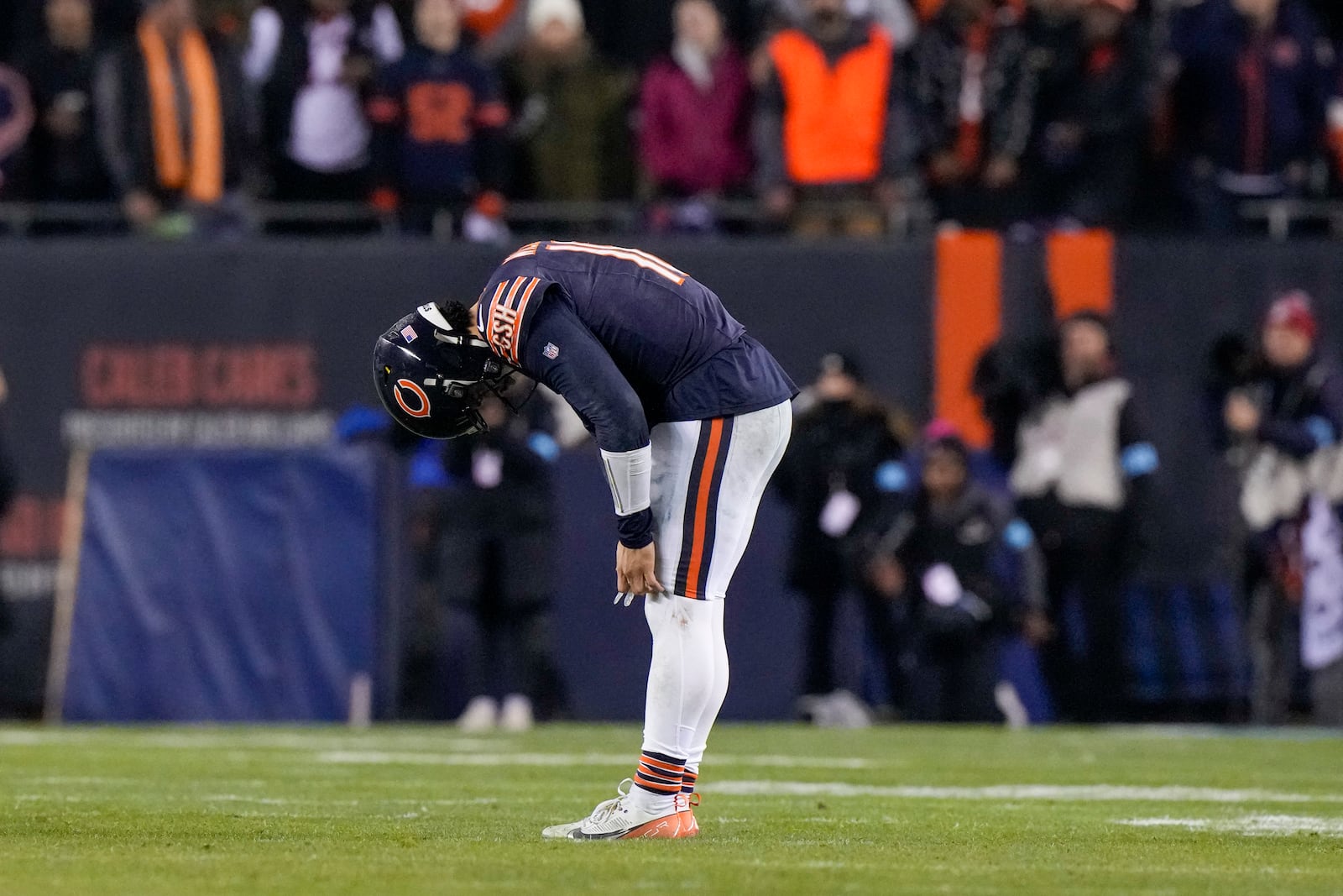 Chicago Bears quarterback Caleb Williams reacts after an incomplete pass attempt during the second half of an NFL football game against the Seattle Seahawks, Thursday, Dec. 26, 2024, in Chicago. The Seahawks won 6-3. (AP Photo/Nam Y. Huh)