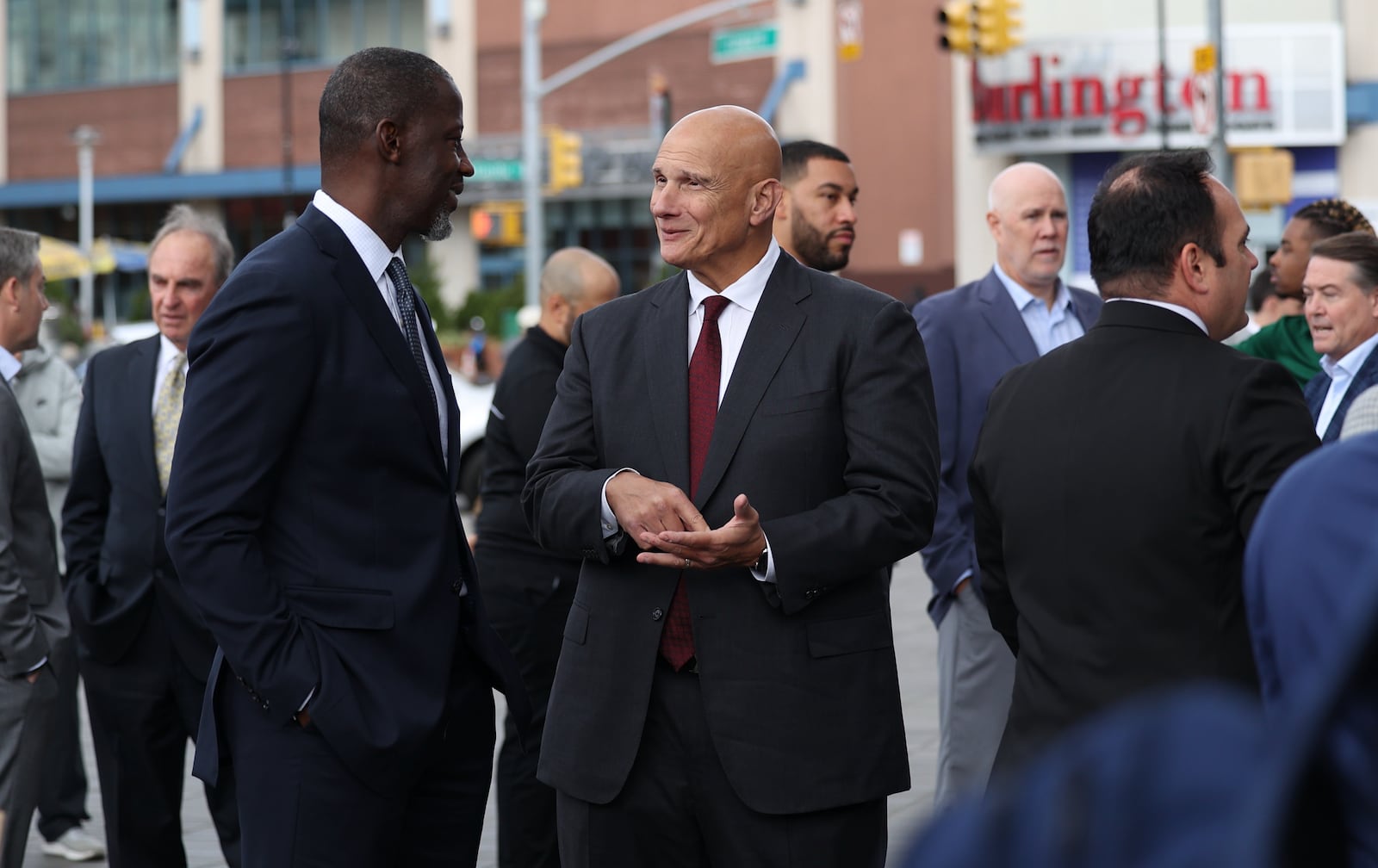 Dayton coach Anthony Grant talks to Massachusetts coach Frank Martin at Atlantic 10 Conference Media Day on Tuesday, Oct. 17, 2023, at the Barclays Center in Brooklyn, N.Y. David Jablonski/Staff