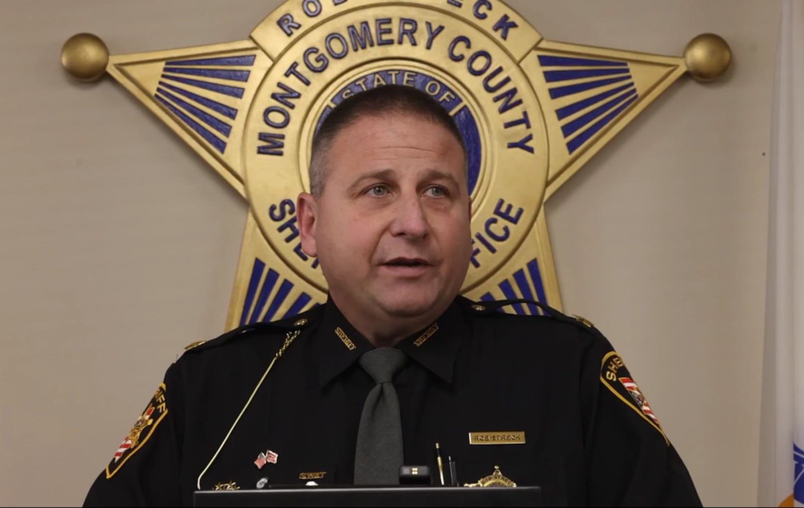 Montgomery County Sheriff Rob Streck gives an update Tuesday, Feb. 20, 2024, on the suspect in custody in the Jan. 29 shooting death of Darnell Pate outside Napoleon's Bar in Jefferson Twp. JIM NOELKER/STAFF