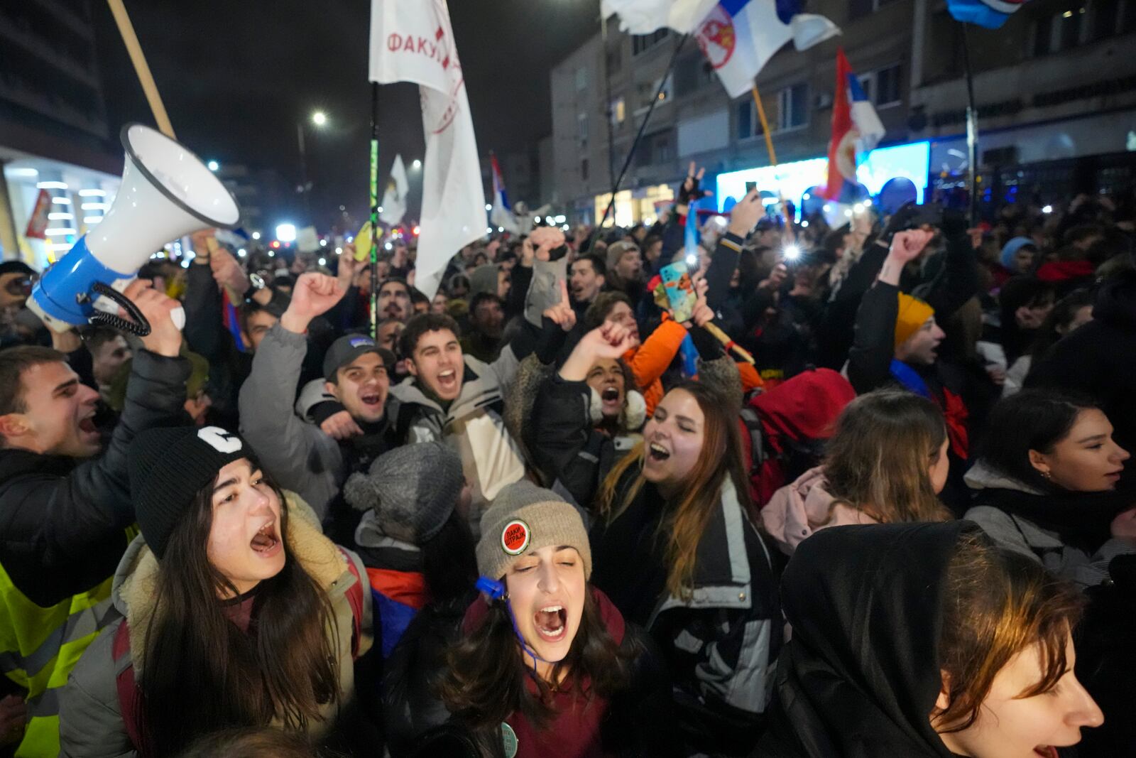 Students arrive in Serbian industrial town of Kragujevac, to protest the deaths of 15 people killed in the November collapse of a train station canopy, Friday, Feb. 14, 2025. (AP Photo/Darko Vojinovic)