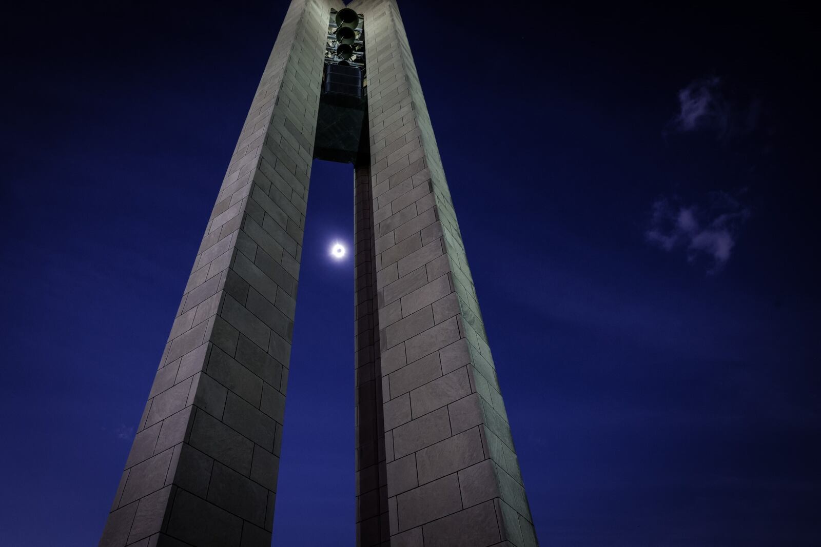 During totality, the Carillon Belltower lights eliminated the four towers. JIM NOELKER/STAFF