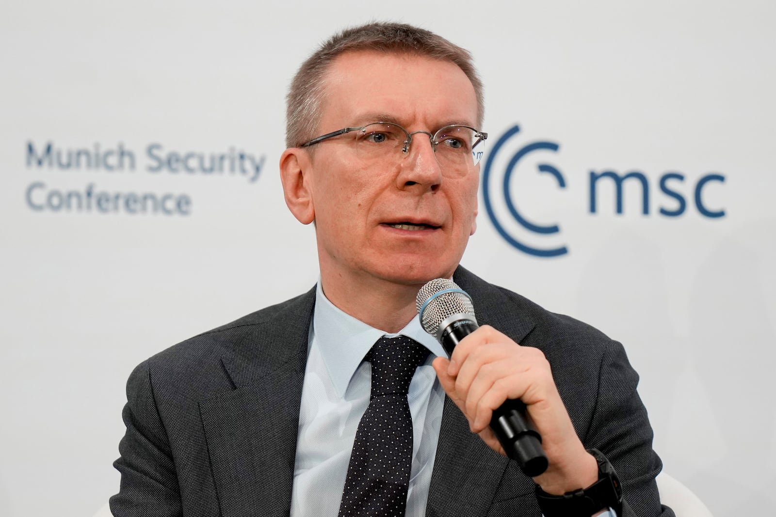 Edgars Rinkevics, President of Latvia speaks as part of a panel discussion during the Munich Security Conference at the Bayerischer Hof Hotel in Munich, Germany, Sunday, Feb. 16, 2025. (AP Photo/Matthias Schrader)