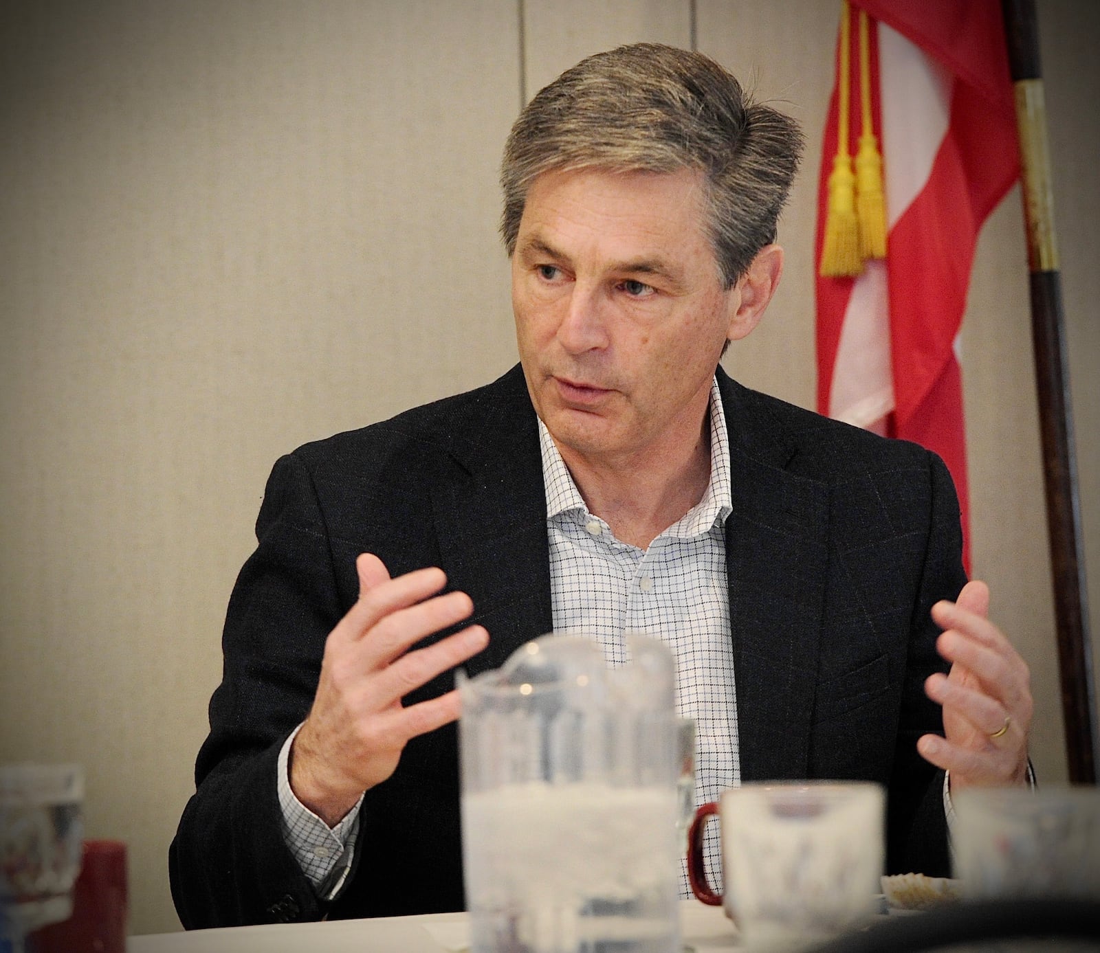 U.S. Senate candidate Matt Dolan, right, held a local law enforcement roundtable at The Golf Club at Yankee Trace, Friday March 25, 2022. Dolan is a Republican state senator from Chagrin Falls. MARSHALL GORBY\STAFF