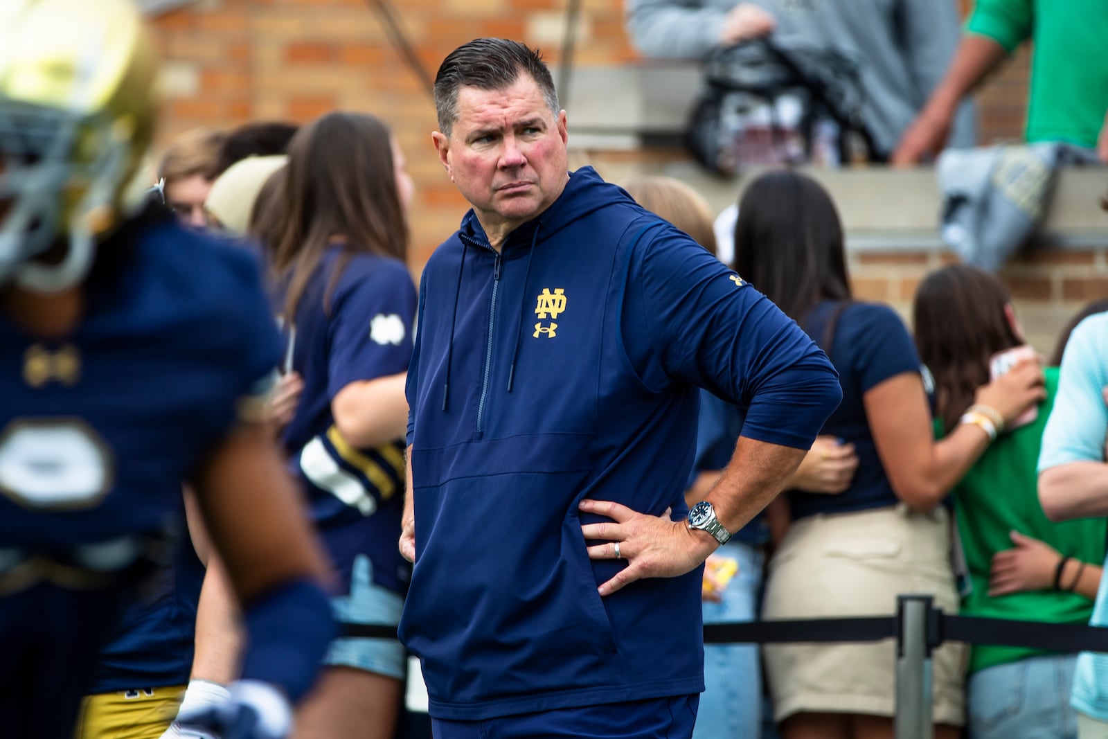 FILE - Notre Dame defensive coordinator Al Golden surveys the field before an NCAA college football game against Stanford, Saturday, Oct. 12, 2024, in South Bend, Ind. (AP Photo/Michael Caterina, File)