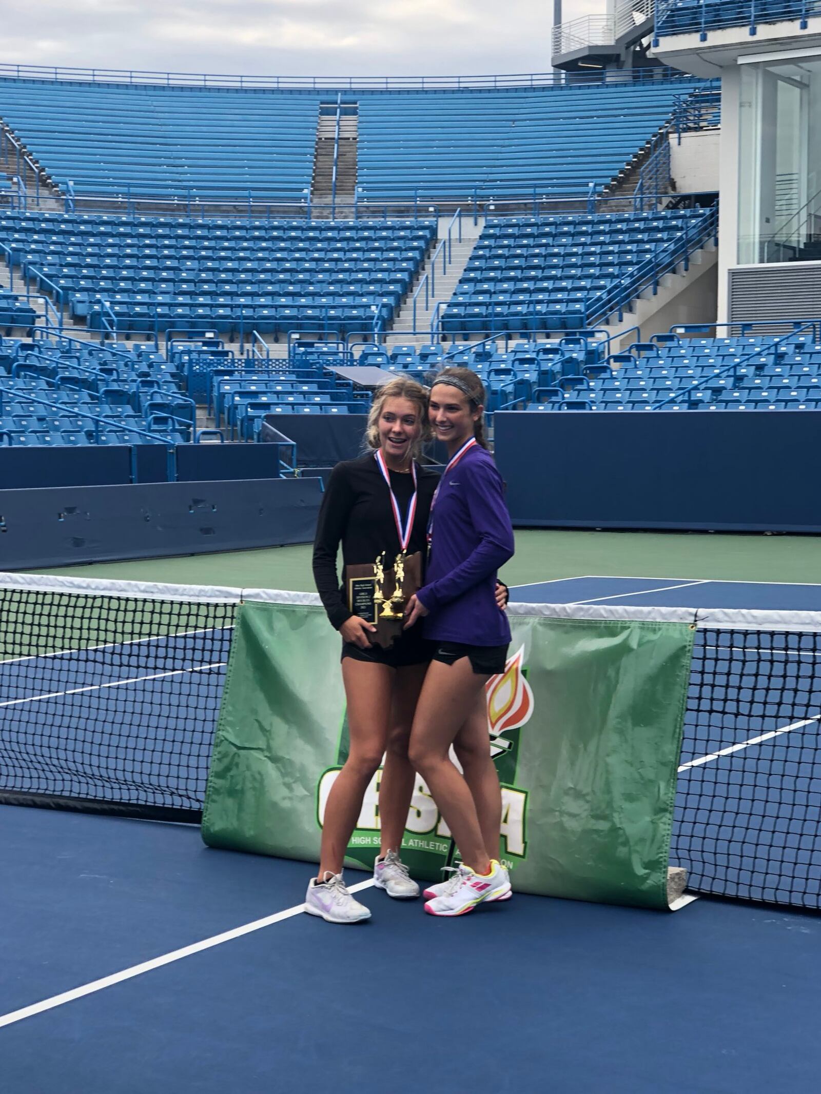 Eaton's Grace Murphy (right) and Mallory Hitchcock won the Division II state doubles title Saturday at the Lindner Family Tennis Center in Mason. CONTRIBUTED PHOTO