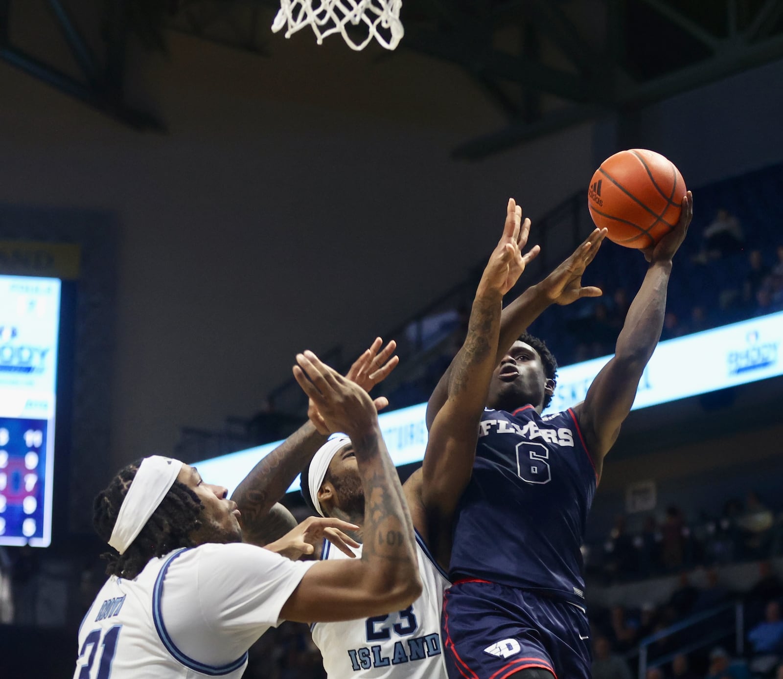 Dayton's Enoch Cheeks scores in the second half against Rhode Island on Wednesday, Feb. 26, 2025, at the Ryan Center in Kingston, R.I. David Jablonski/Staff