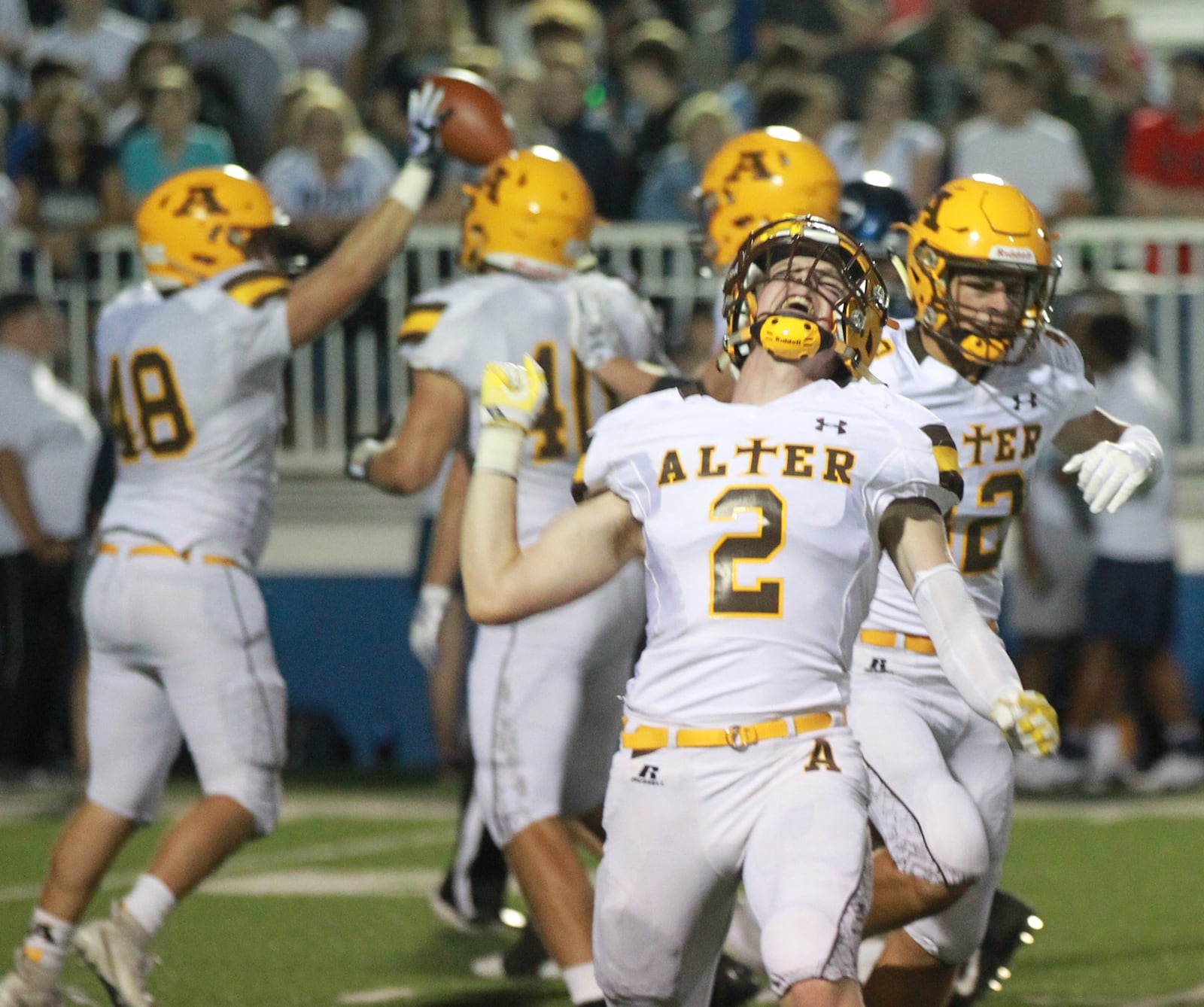 Aidan Plate (2) of Alter celebrates a defensive stop. Alter defeated host Fairmont 21-7 in a Week 1 high school football game on Thursday, Aug. 29, 2019. MARC PENDLETON / STAFF