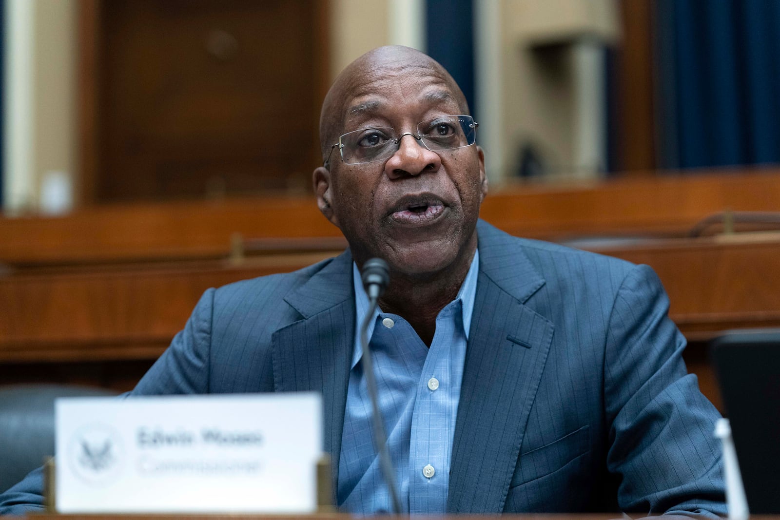 FILE - Edwin Moses speaks during The Commission on the State of U.S. Olympics and Paralympics hearing on Capitol Hill in Washington, Wednesday, Sept. 6, 2023. (AP Photo/Jose Luis Magana, File)