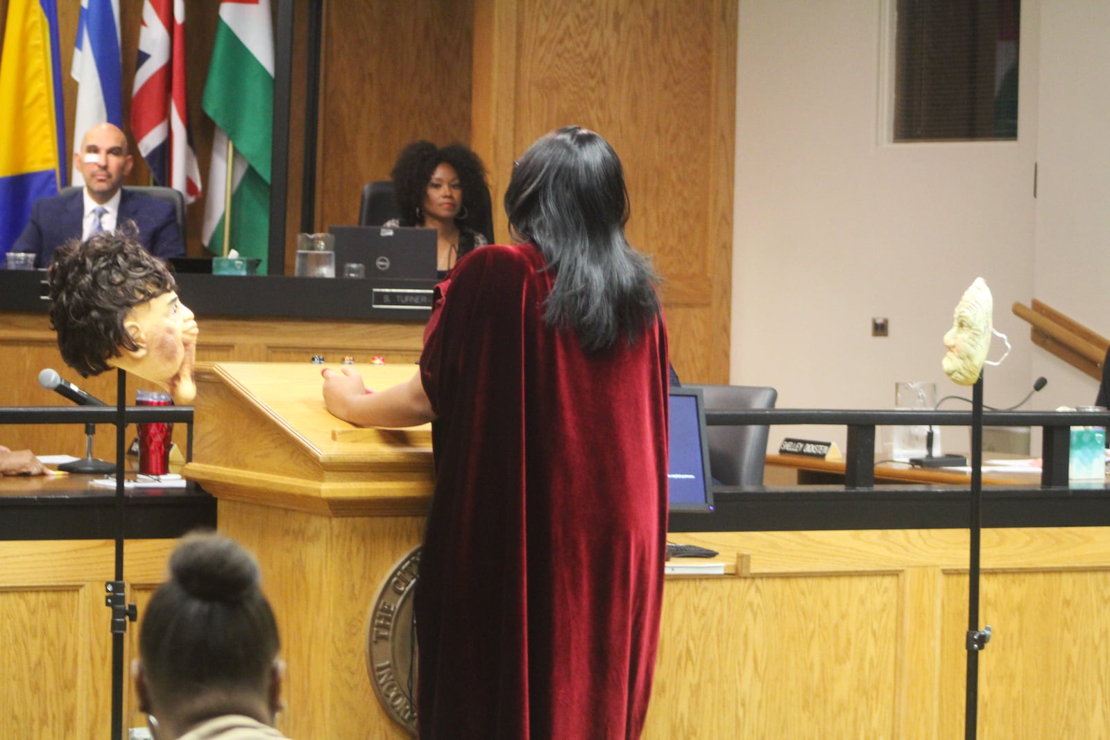 Kyra Wood was escorted out of Dayton City Hall after making a bizarre disturbance during a Dayton City Commission meeting on Wednesday, Aug. 2, 2023. CORNELIUS FROLIK / STAFF