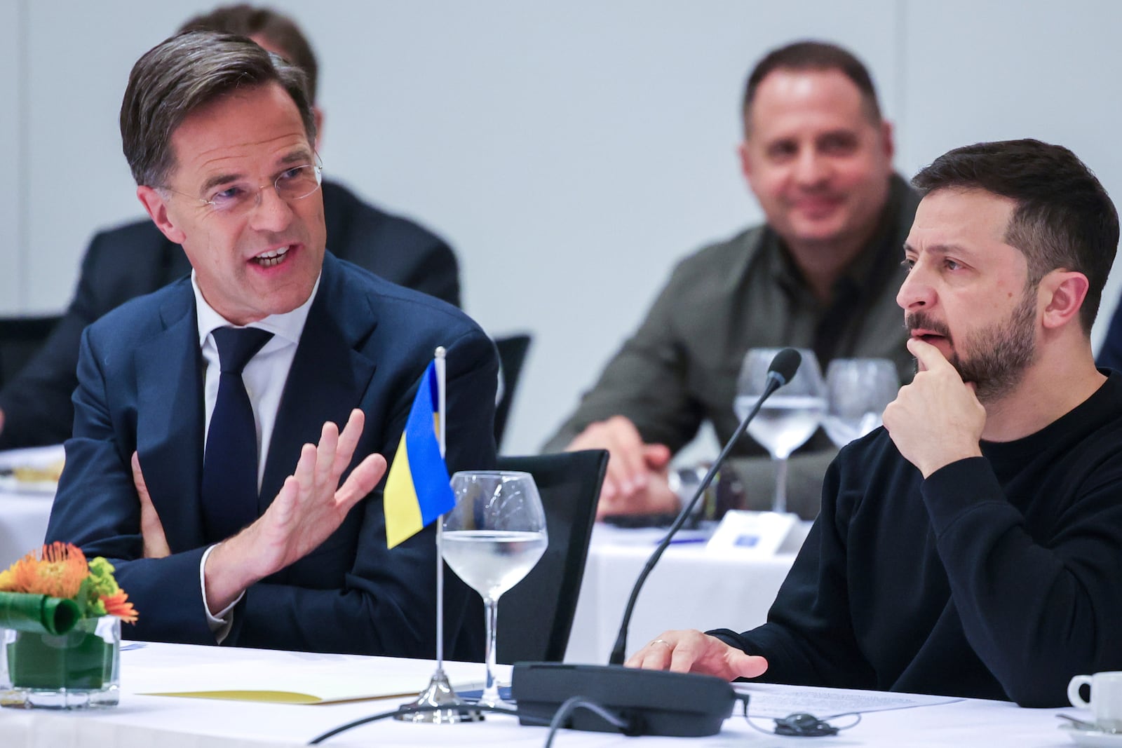 NATO Secretary General Mark Rutte, left, speaks with Ukraine's President Volodymyr Zelenskyy during the NATO-Ukraine Council working dinner at NATO Headquarters in Brussels, Thursday, Oct. 17, 2024. (Olivier Matthys, Pool Photo via AP)