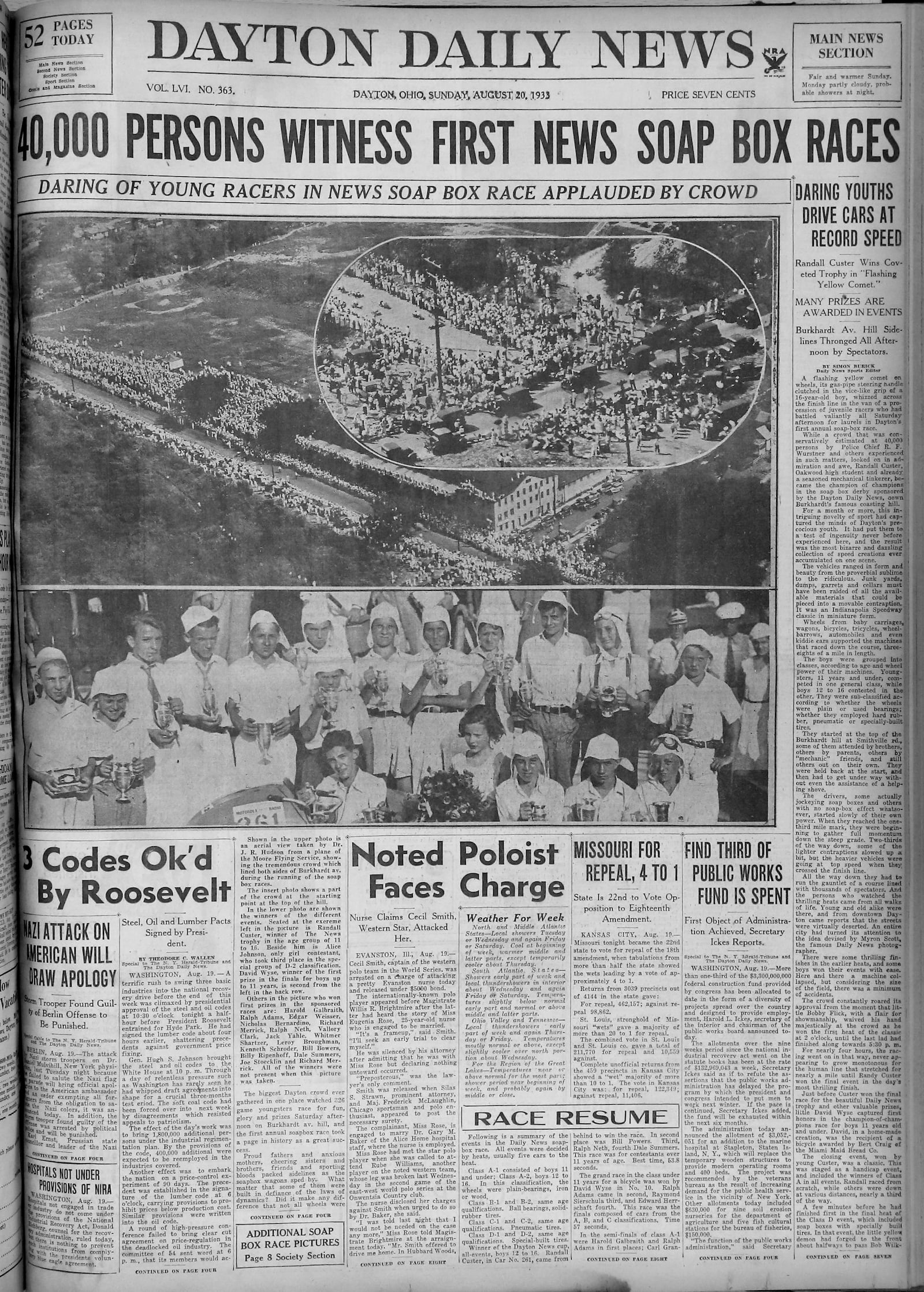 August 20, 1933:  The front page of the Dayton Daily News covering the first Soap Box Derby.