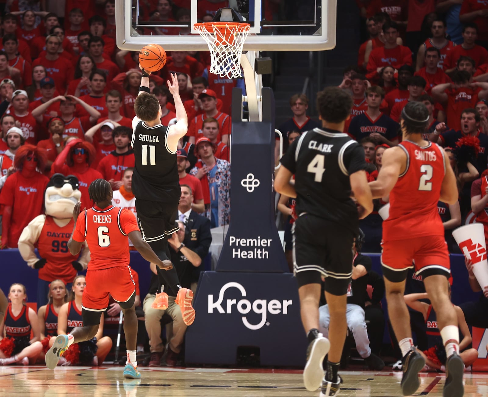 Virginia Commonwealth's Max Shulga scores a game-tying layup in the final minutes against Dayton on Friday, Feb. 7, 2025, at UD Arena.. David Jablonski/Staff