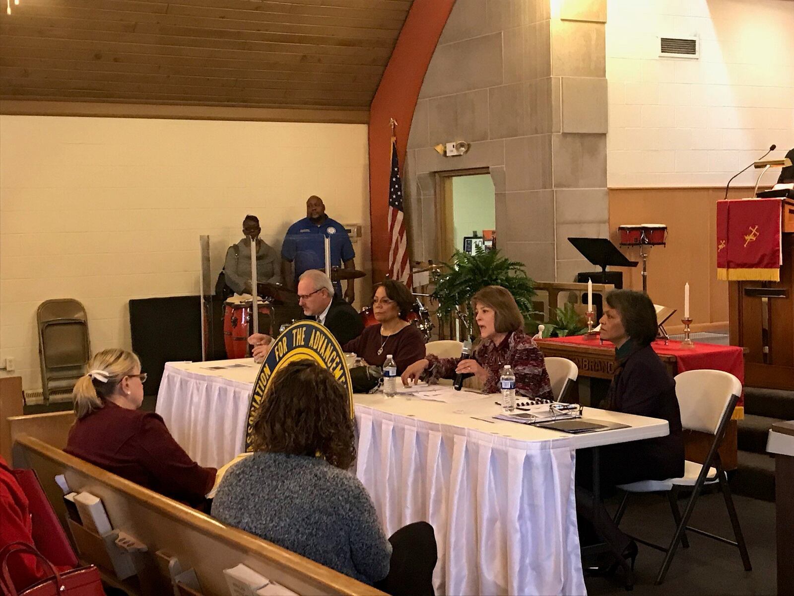 A panel of Premier Health leadership addressed community concerns Saturday morning. From left, Craig Self, chief strategy officer, Barbara Johnson, chief of human resources, Mary Boosalis, president and CEO, and Anita Moore, chair of the board of trustees. KAITLIN SCHROEDER