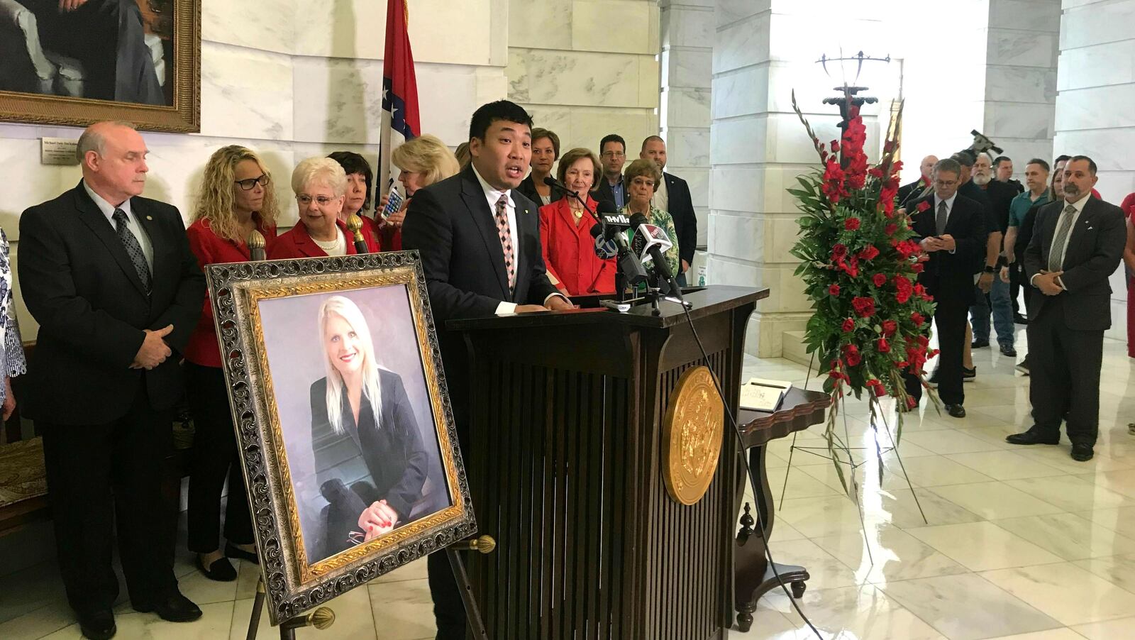 Ken Yang, communications director for former Arkansas state Rep. Linda Collins-Smith, speaks at a memorial for her June 11, 2019, in Little Rock. Collins-Smith was found by her son and her father stabbed to death and hidden under a tarp June 4 in her driveway.