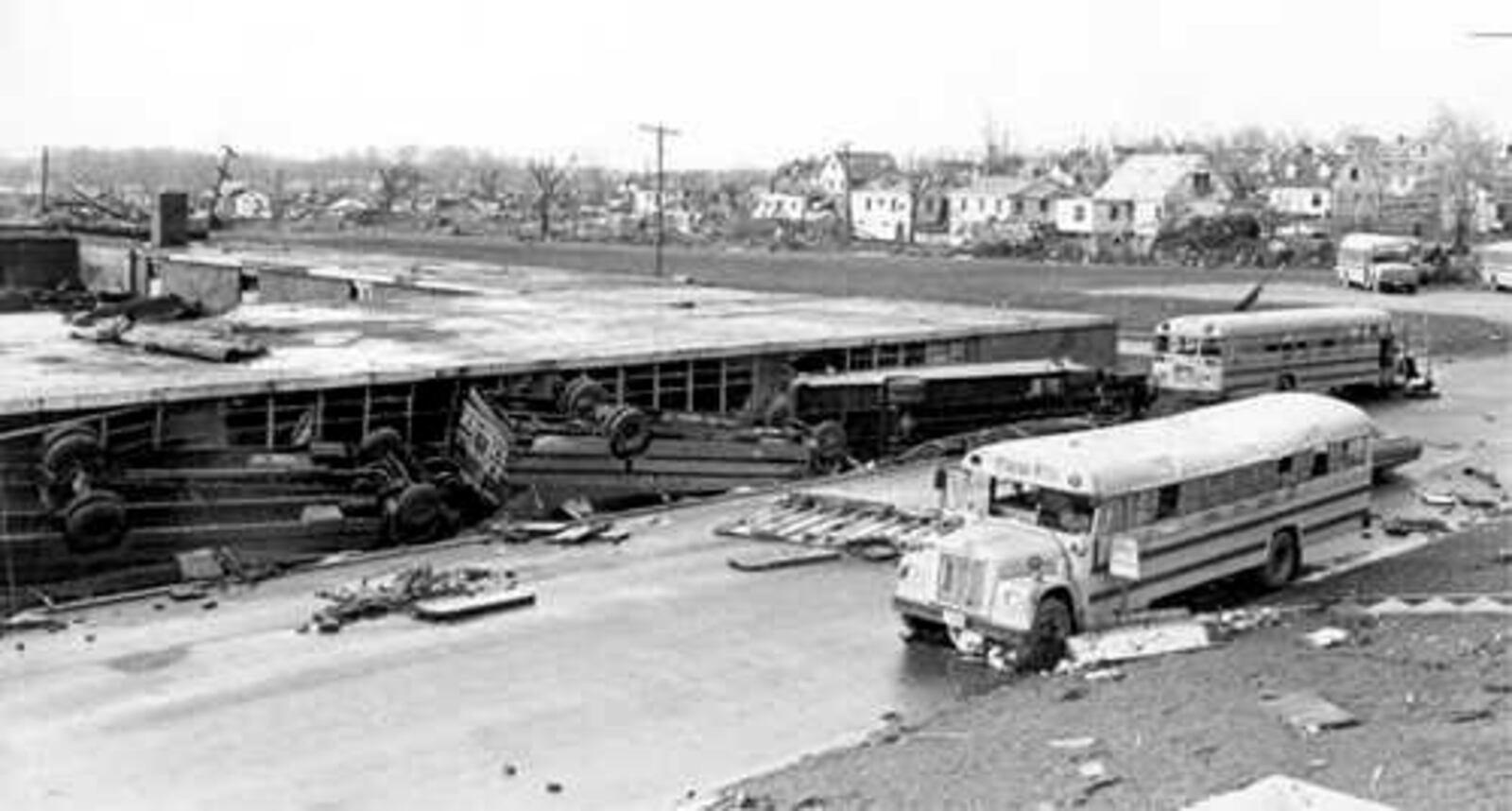 The April 3, 1974 Xenia tornado tossed school buses like toys at Xenia High School.