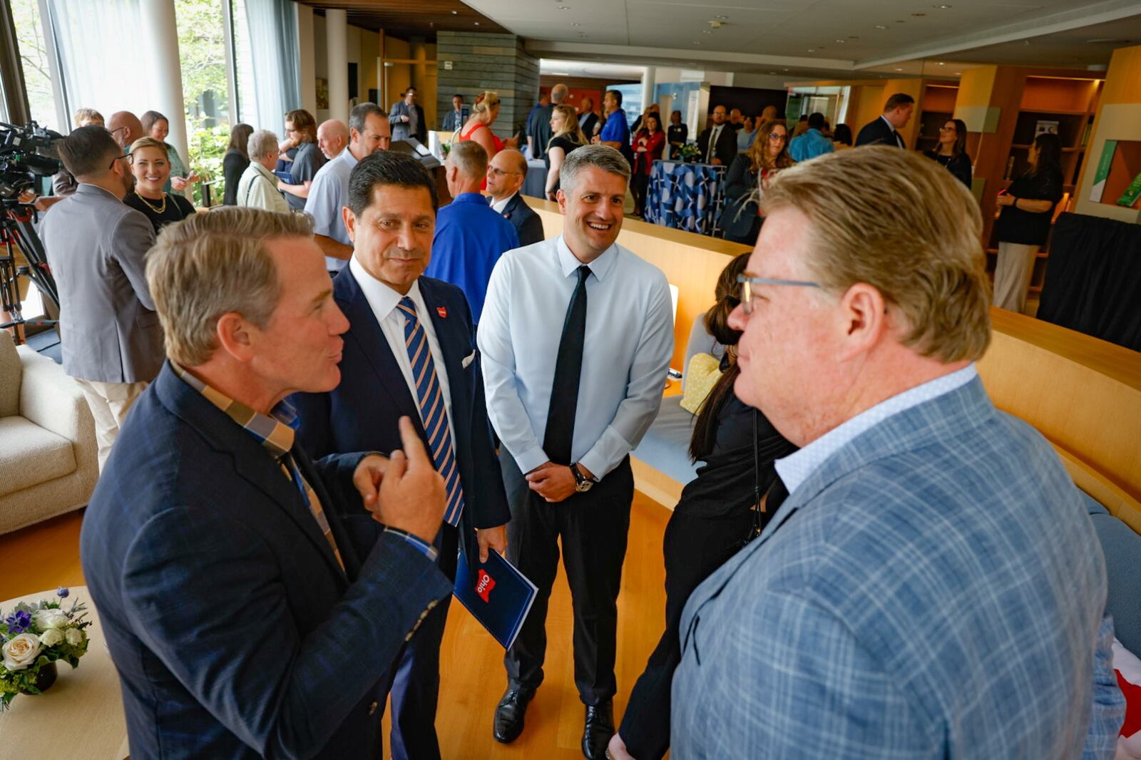 The JobsOhio Small Business Academy, Powered by Aileron was announced on Monday June 17, 2024 in Tipp City. From left, Ohio Lt. Gov. Jon Husted, J.P. Nauseef, president and CEO of JobsOhio;  Aileron business coach Wes Gipe and Mike Mathile, chairman of the Aileron board of trustees. JIM NOELKER/STAFF